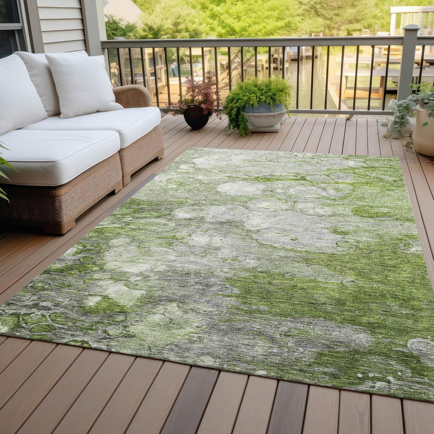 Olive and Gray Abstract Washable Synthetic Area Rug 5' x 7'