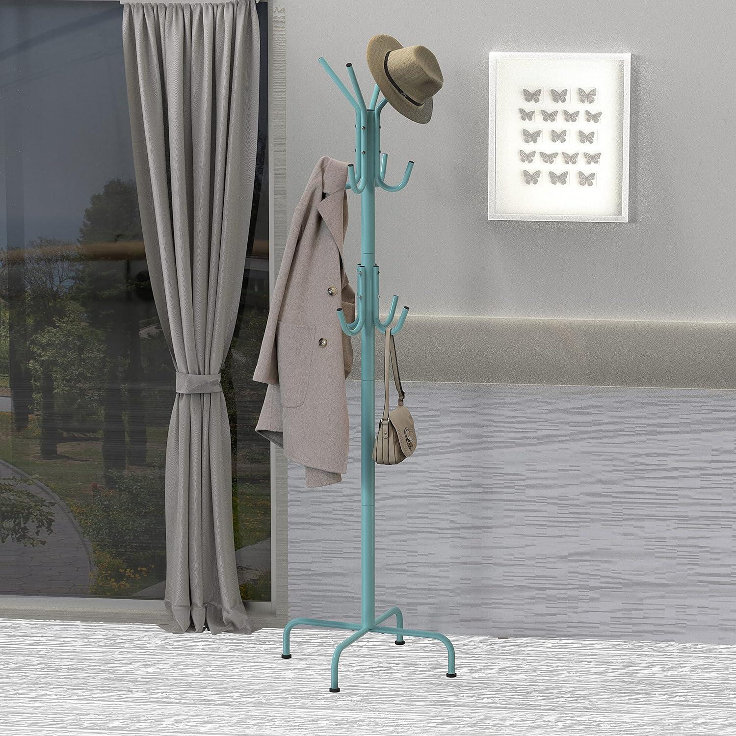 Turquoise Metal Free Standing Coat and Hat Rack with 12 Hooks