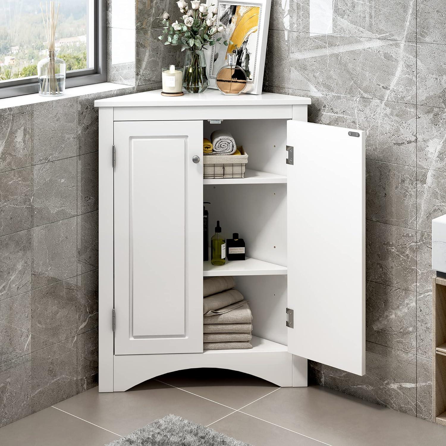Yardmaster Bathroom Storage Cabinet, Corner Cabinet with 2 Doors and Adjustable Shelves, Freestanding Corner Storage Cabinet for Bathroom, Kitchen, Living Room, White