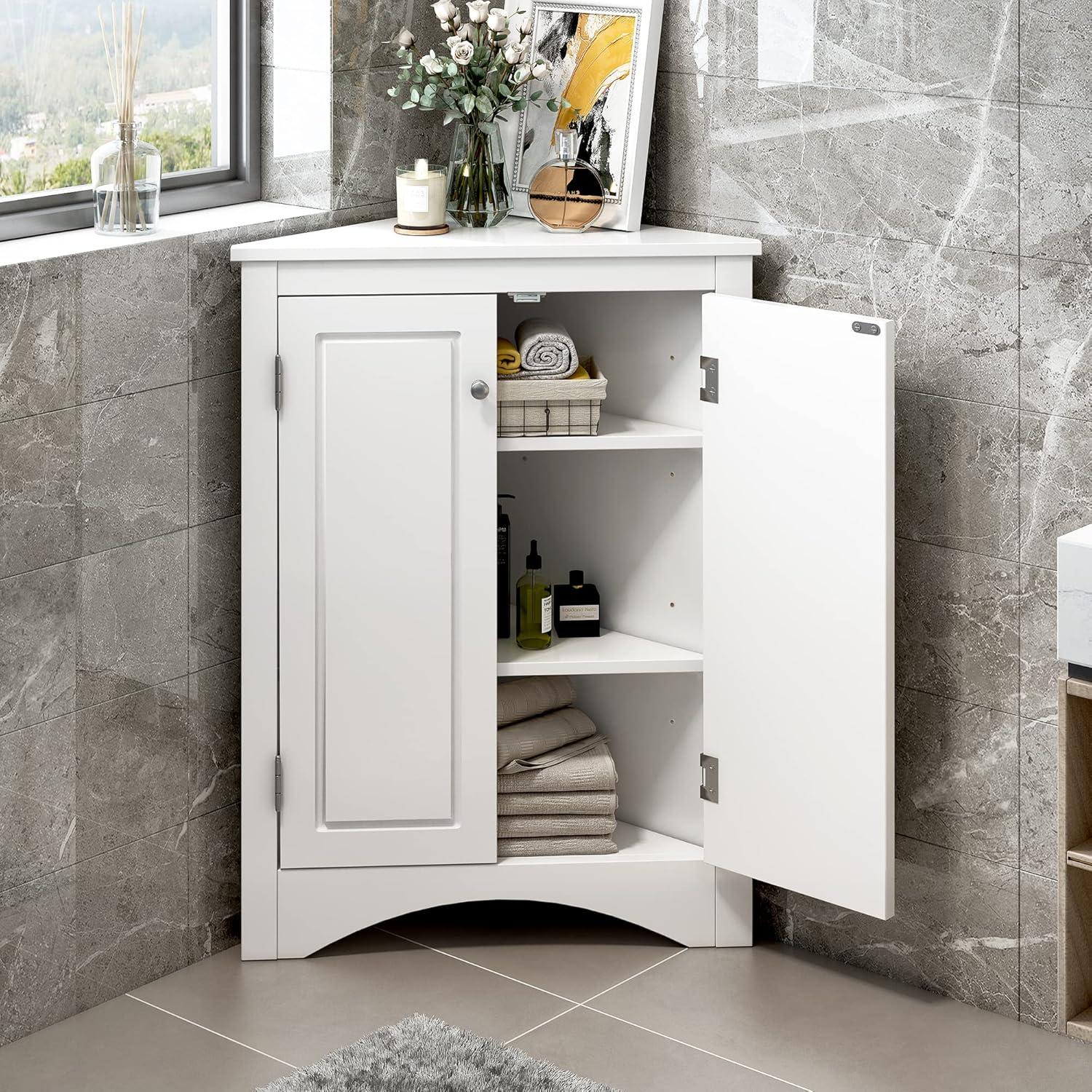 Yardmaster Bathroom Storage Cabinet, Corner Cabinet with 2 Doors and Adjustable Shelves, Freestanding Corner Storage Cabinet for Bathroom, Kitchen, Living Room, White