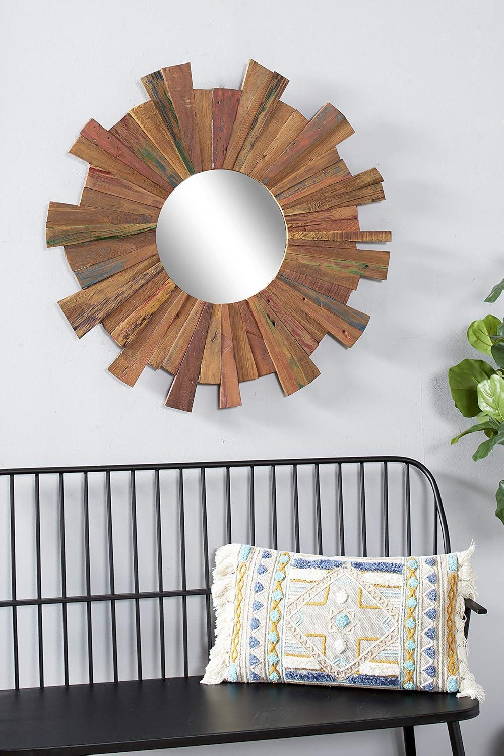 Large Eclectic Multicolor Reclaimed Wood Round Wall Mirror