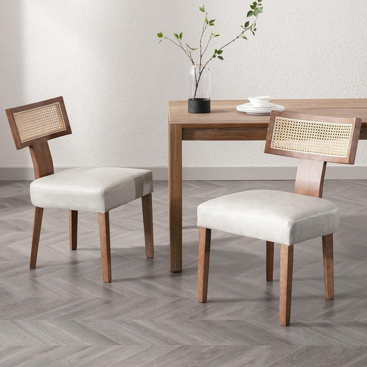 Rattan Dining Chairs Set of 2, Mid-Century Modern Dining Chairs, Kitchen Dining Room Chairs, Curved Cane Back Upholstered PU Leather Dining Chairs with Wood Frame, Grey