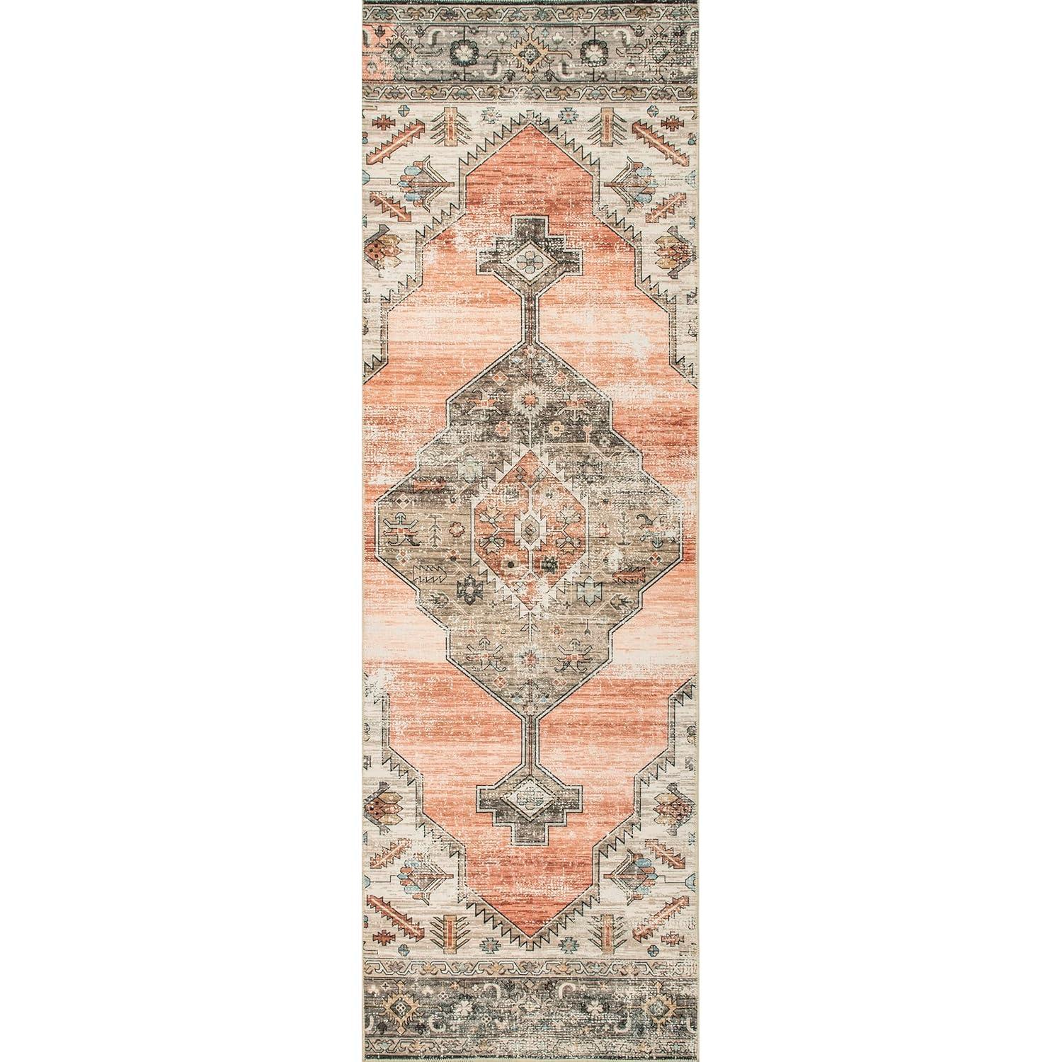 Peach and Beige Synthetic Medallion Washable Runner Rug