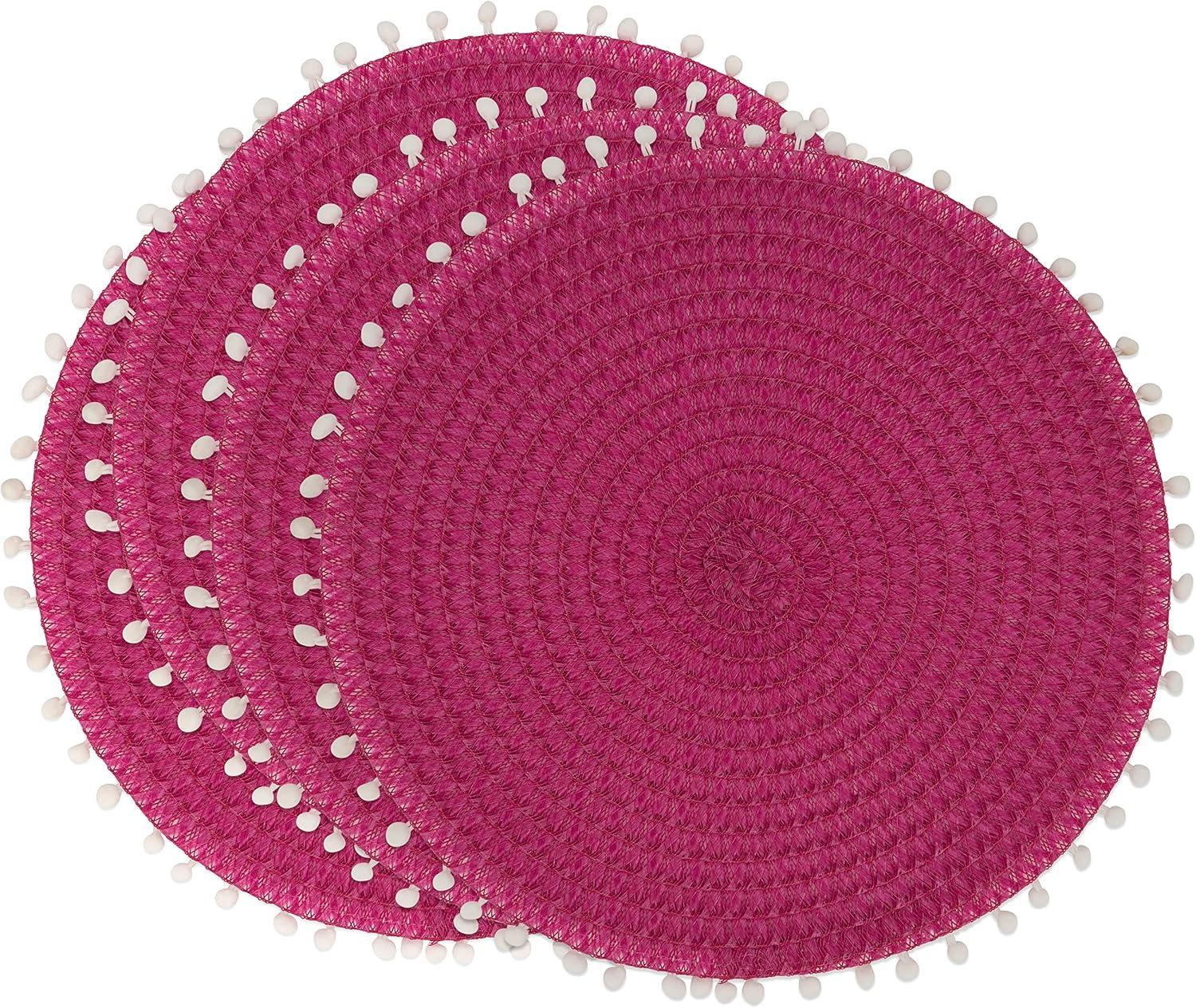 15 in. Pom Pom Round Placemat, Fuchsia - Set of 4