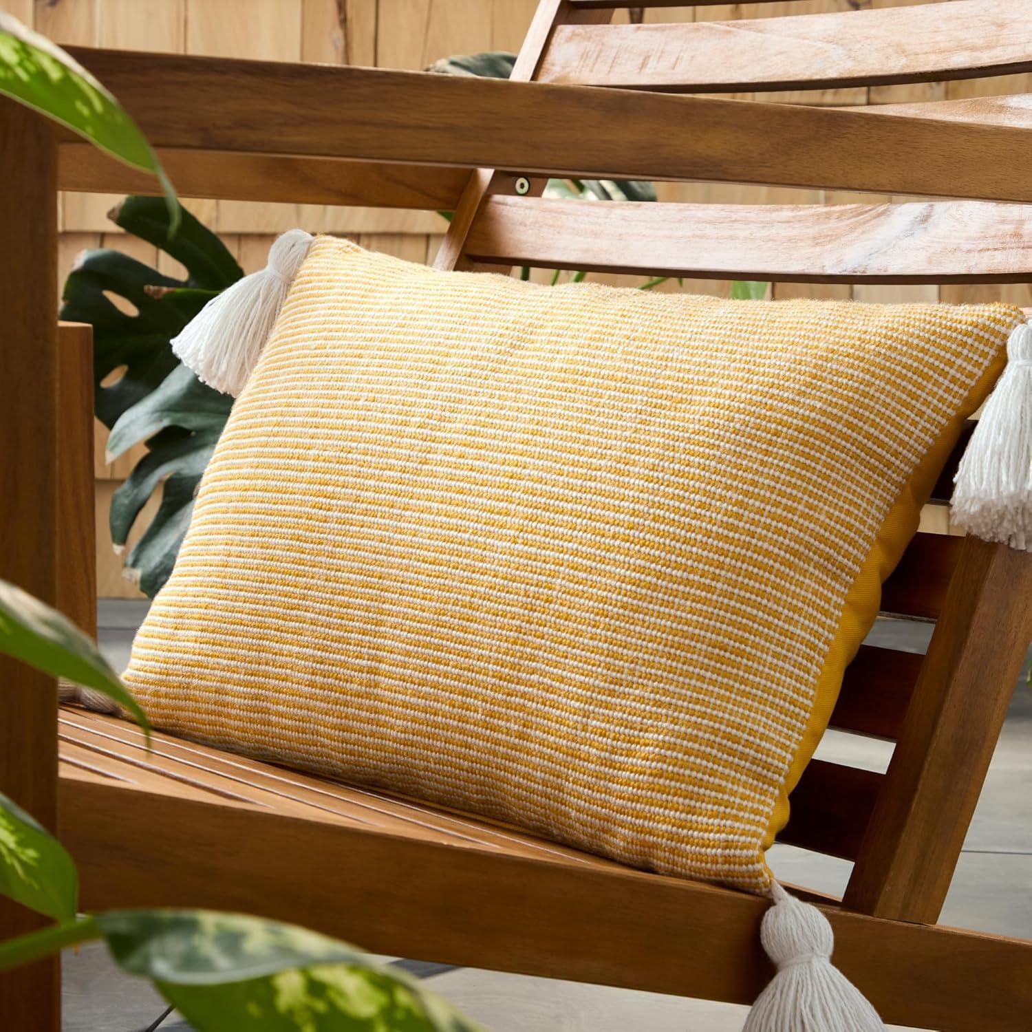 Yellow and Ivory Recycled Polyester Outdoor Pillow with Tassels