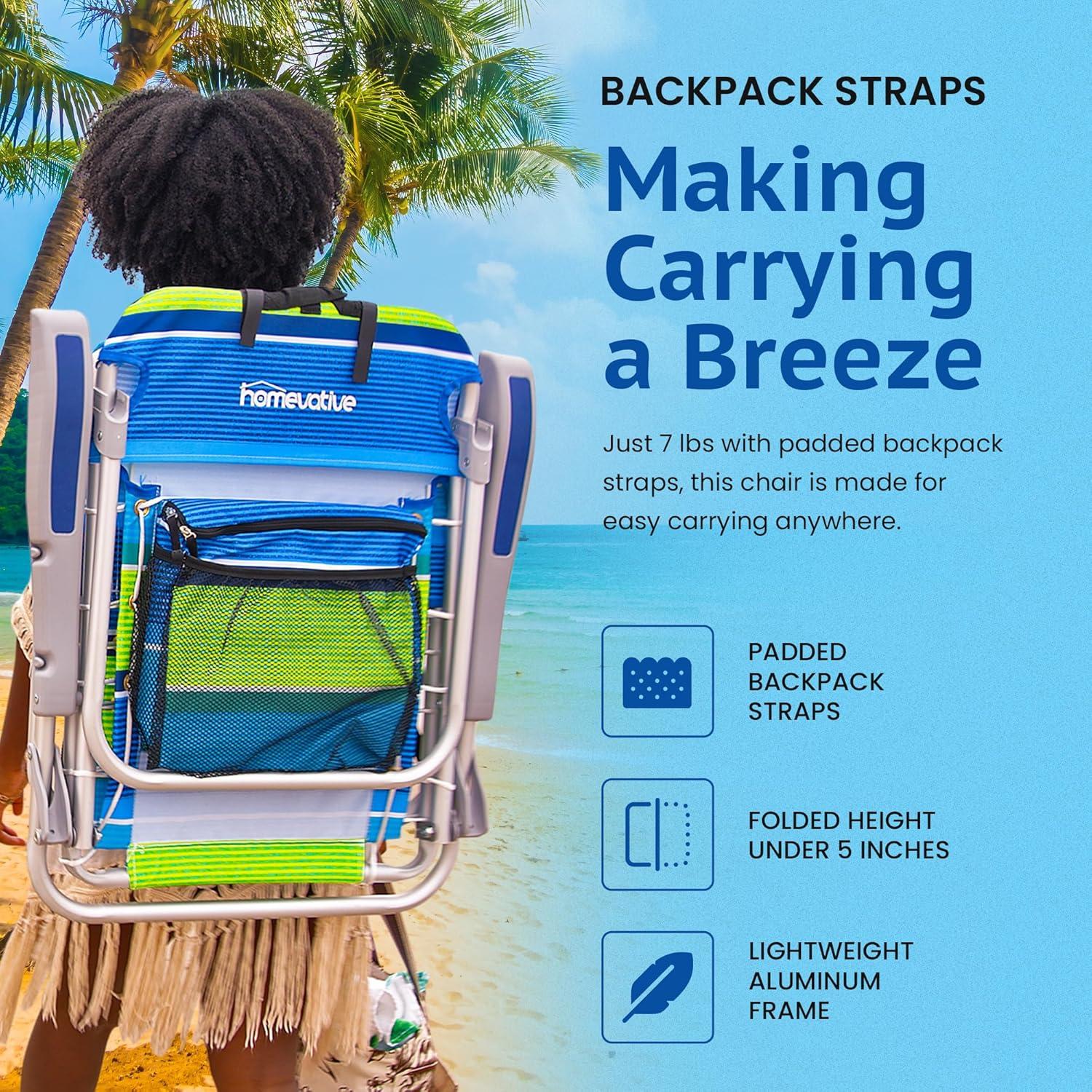 Homevative Cooler+ Folding Backpack Beach Chair with 5 Positions, Towel bar, XL Cooler Pouch, Storage Net, Cup and Phone