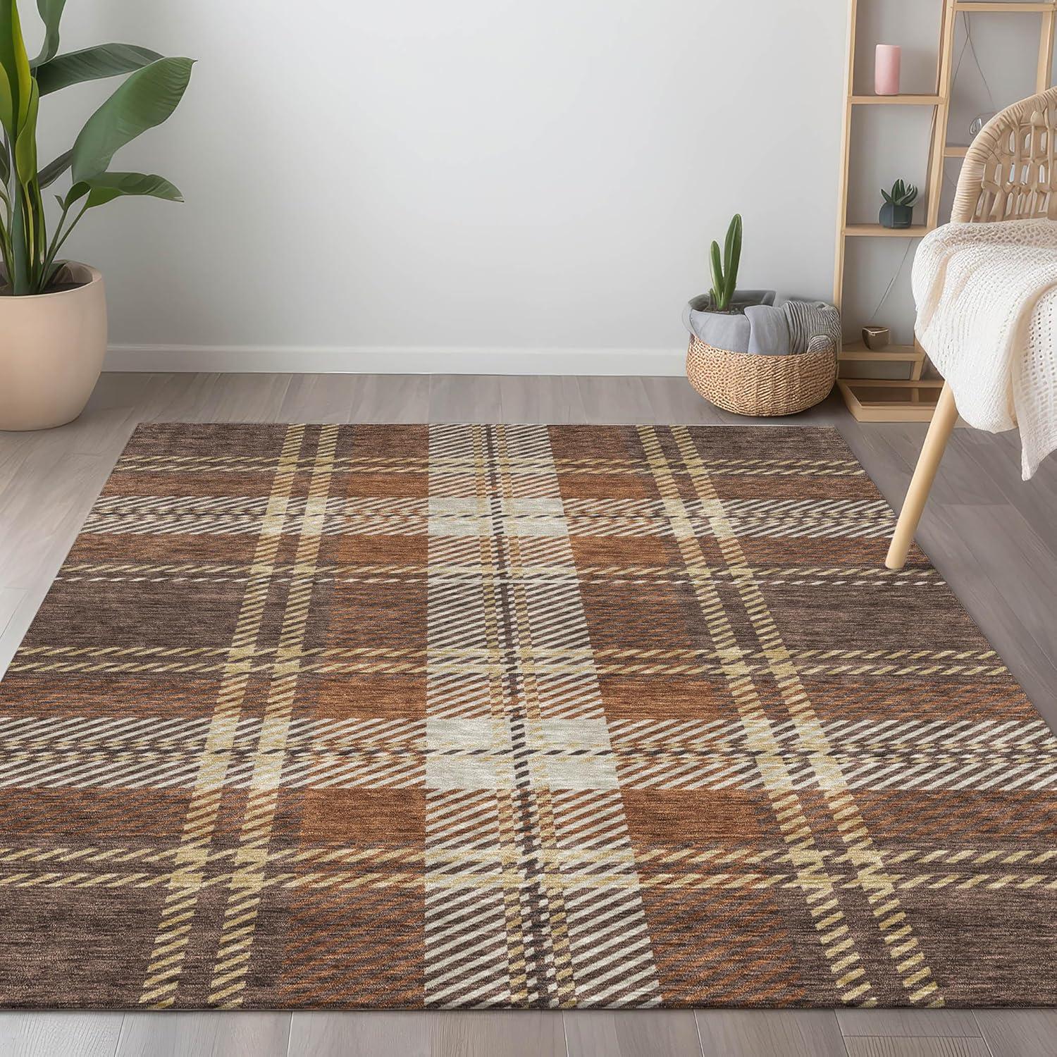 Brown Plaid Synthetic Indoor/Outdoor Washable Rug 5' x 7'