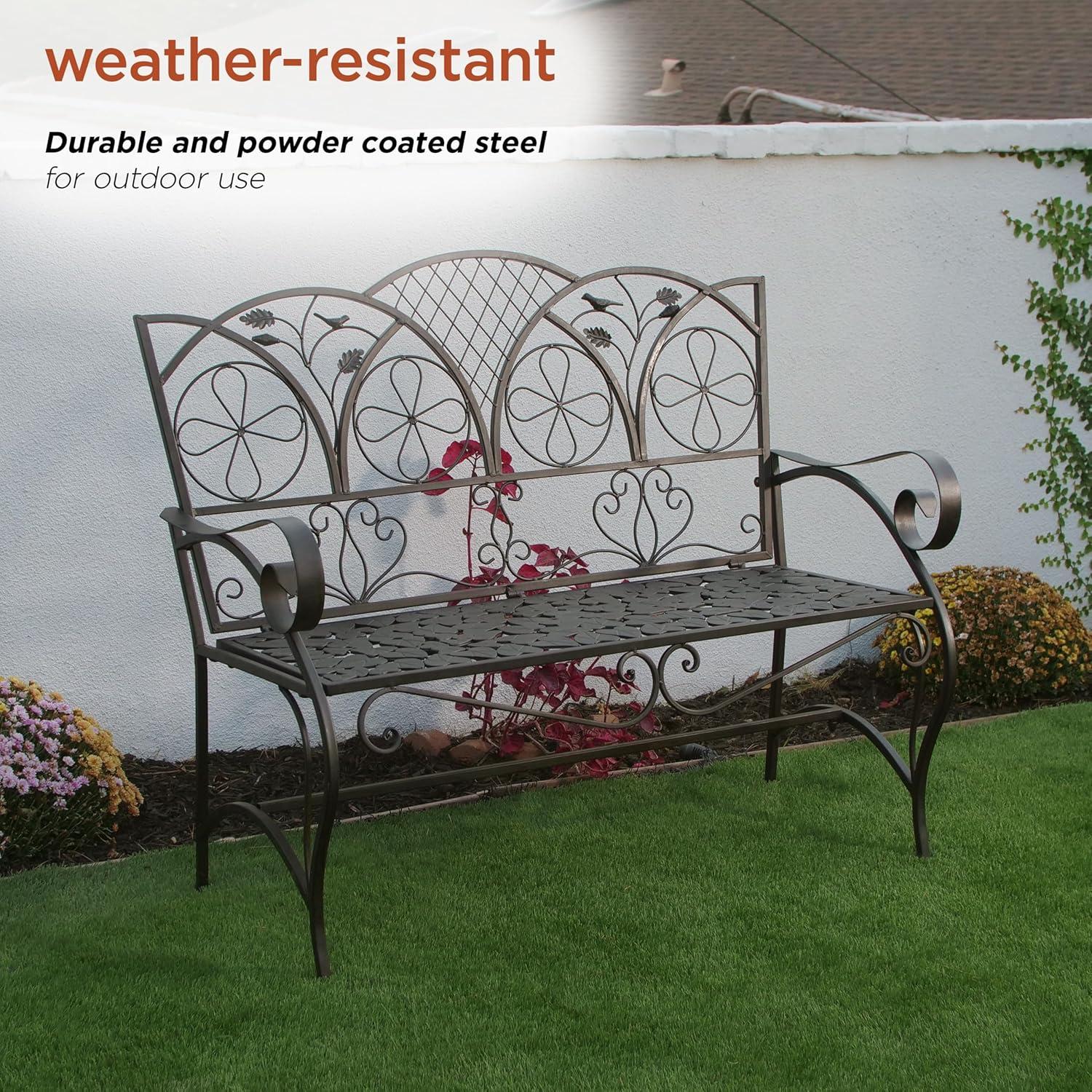 38" x 45" Iron Birds and Leaves Outdoor Garden Bench Brown - Alpine Corporation: Weatherproof, Decorative Yard Seating