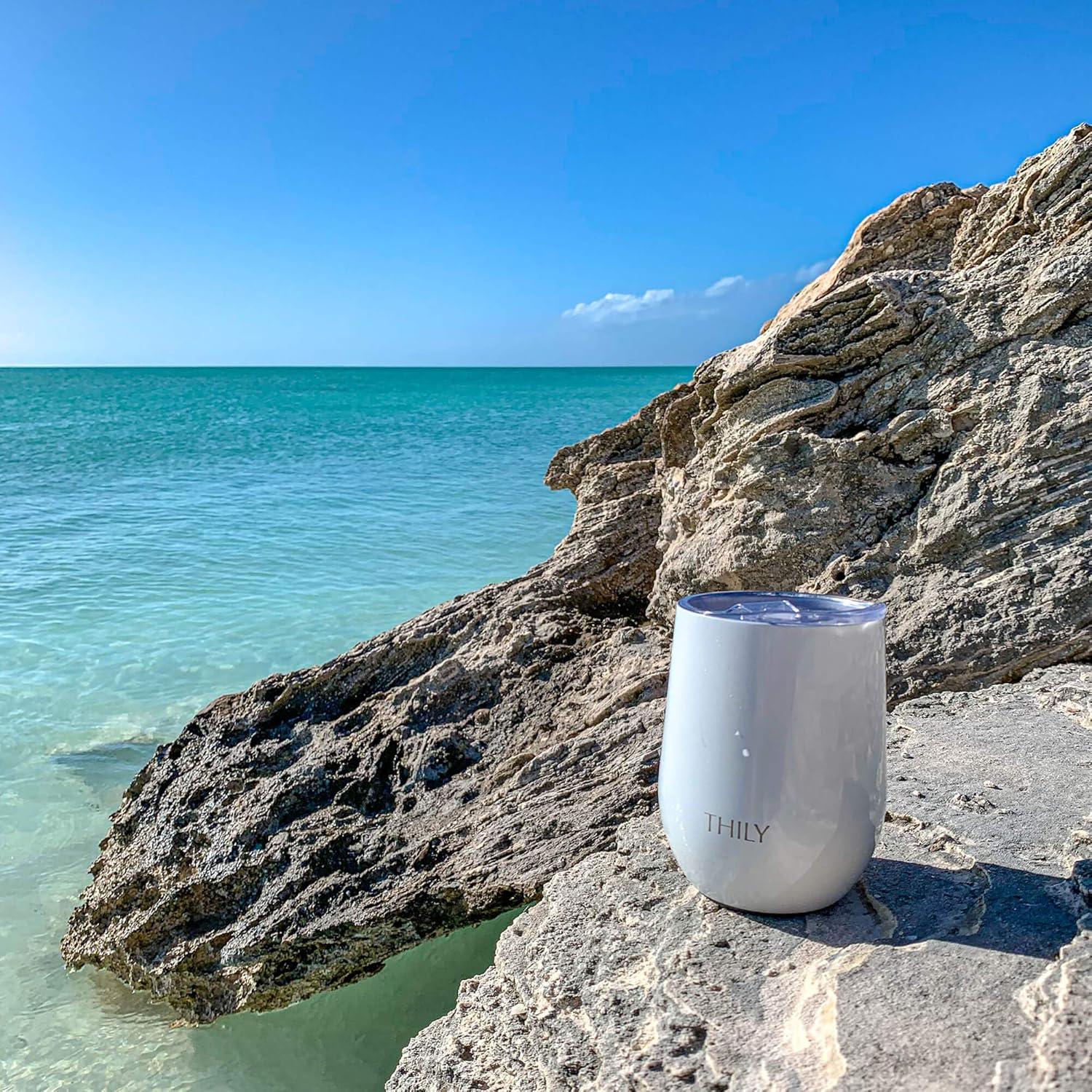 Stainless Steel Insulated Wine Tumbler - THILY 4 Pack Stemless Wine Glasses Set with Splash-proof Lids, Metal Straws, Reusable, Keep Cold for Coffee, Drinks, Cocktails, Christmas Gifts, Pearl White