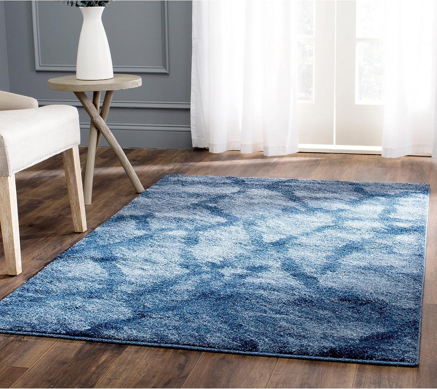 Abstract Blue Square Shag 6' Synthetic Area Rug