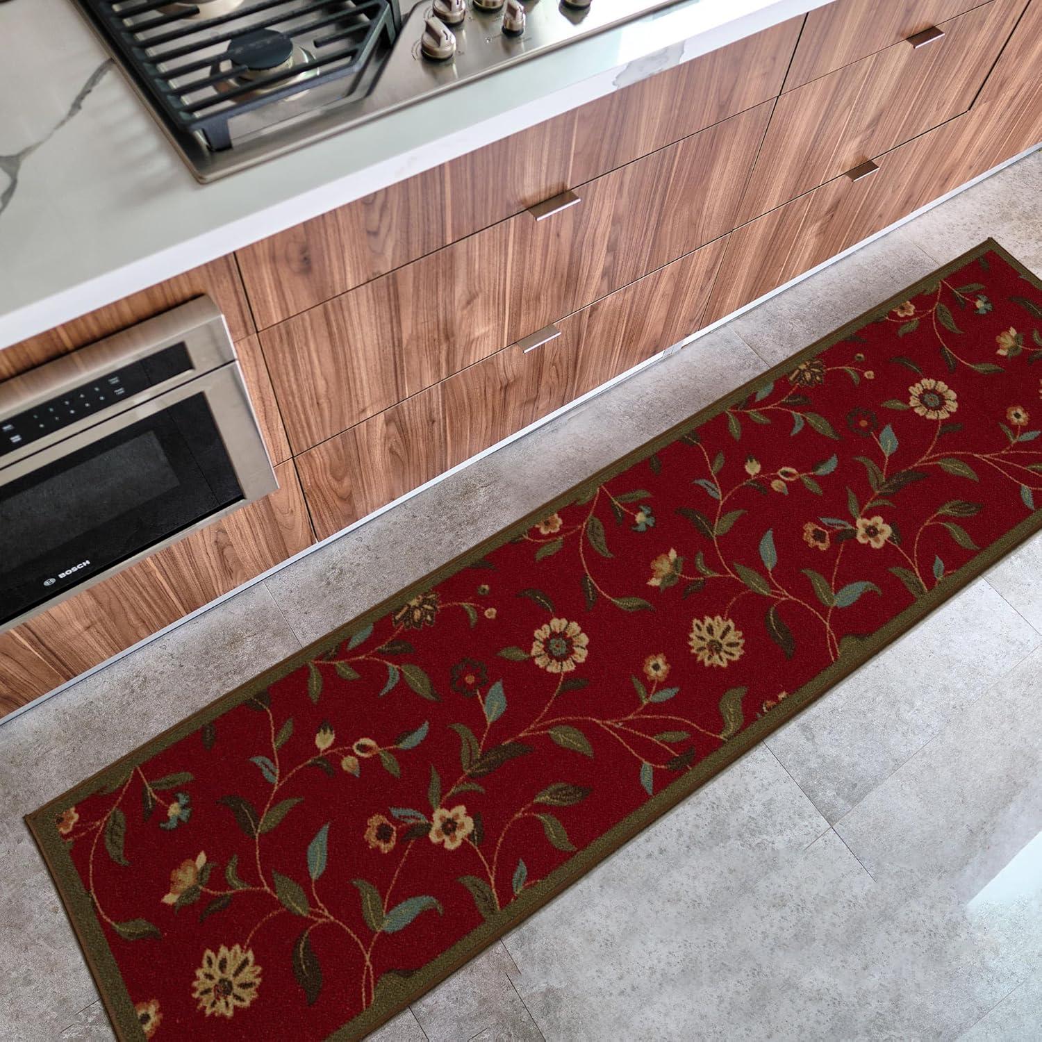 Ottohome Non-Slip Floral Leaves Area Rug For Living Room, Hallway, Entryway Rug, Dark Red