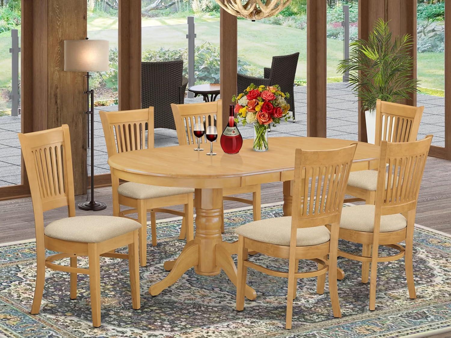 Oak 7-Piece Dining Set with Oval Table and Microfiber Chairs