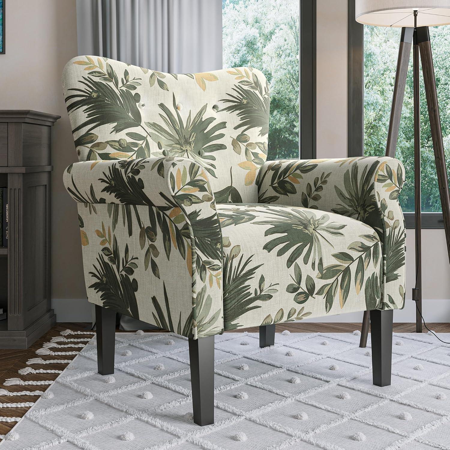 Green Floral Tufted Back Accent Chair with Wood Legs