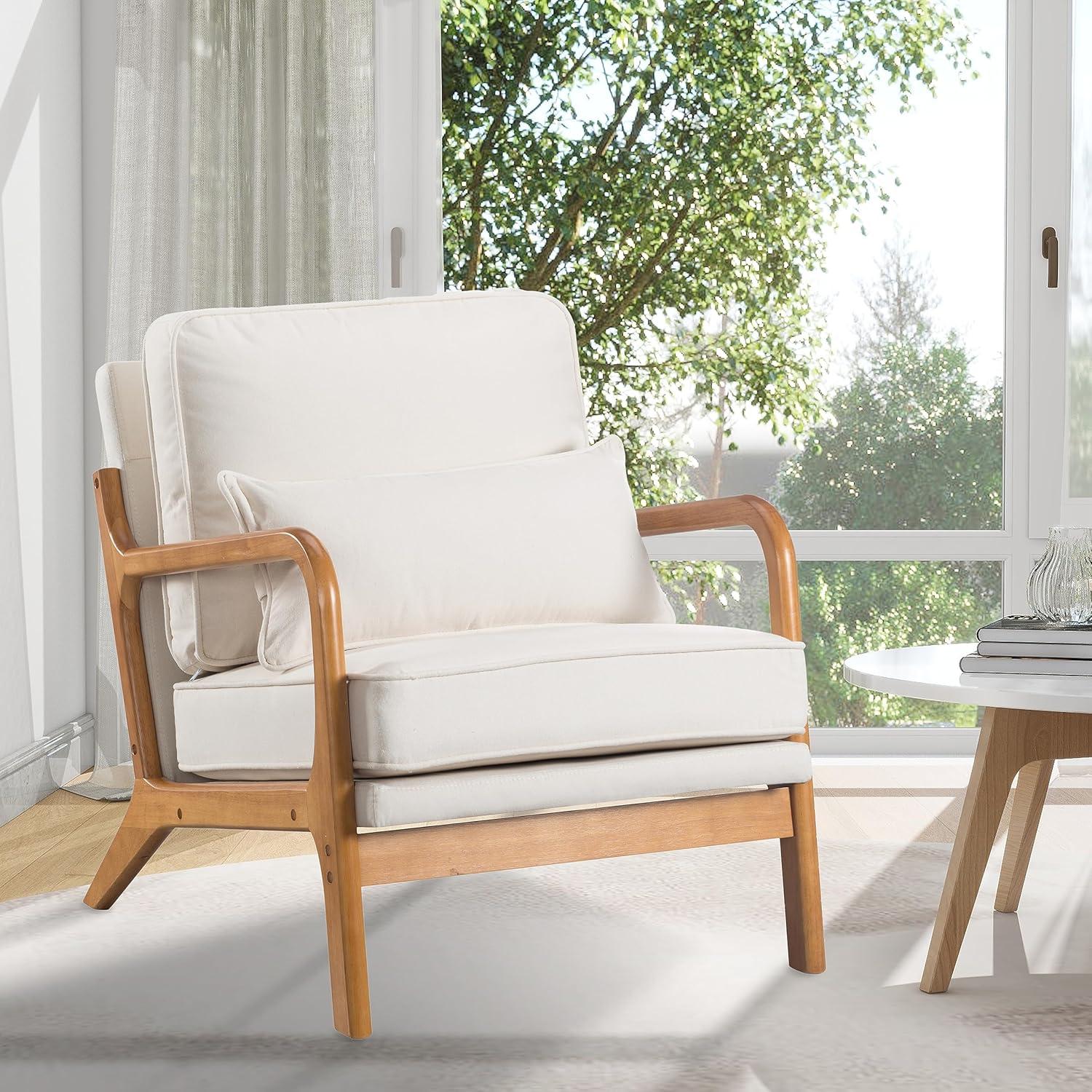 Beige Linen Armchair with Wood Frame and Pillow