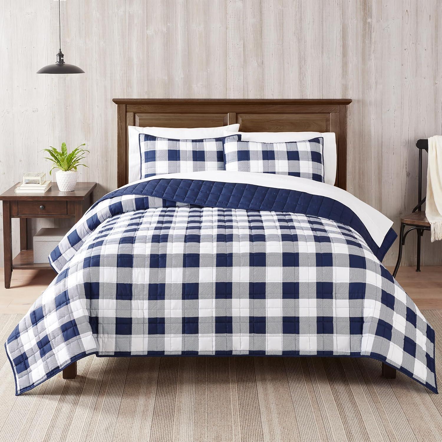 2pc Twin/Twin Extra Long Alex Buffalo Check Plaid Printed Quilt Set Navy/White - Serta: All Ages Comfort, Machine Washable