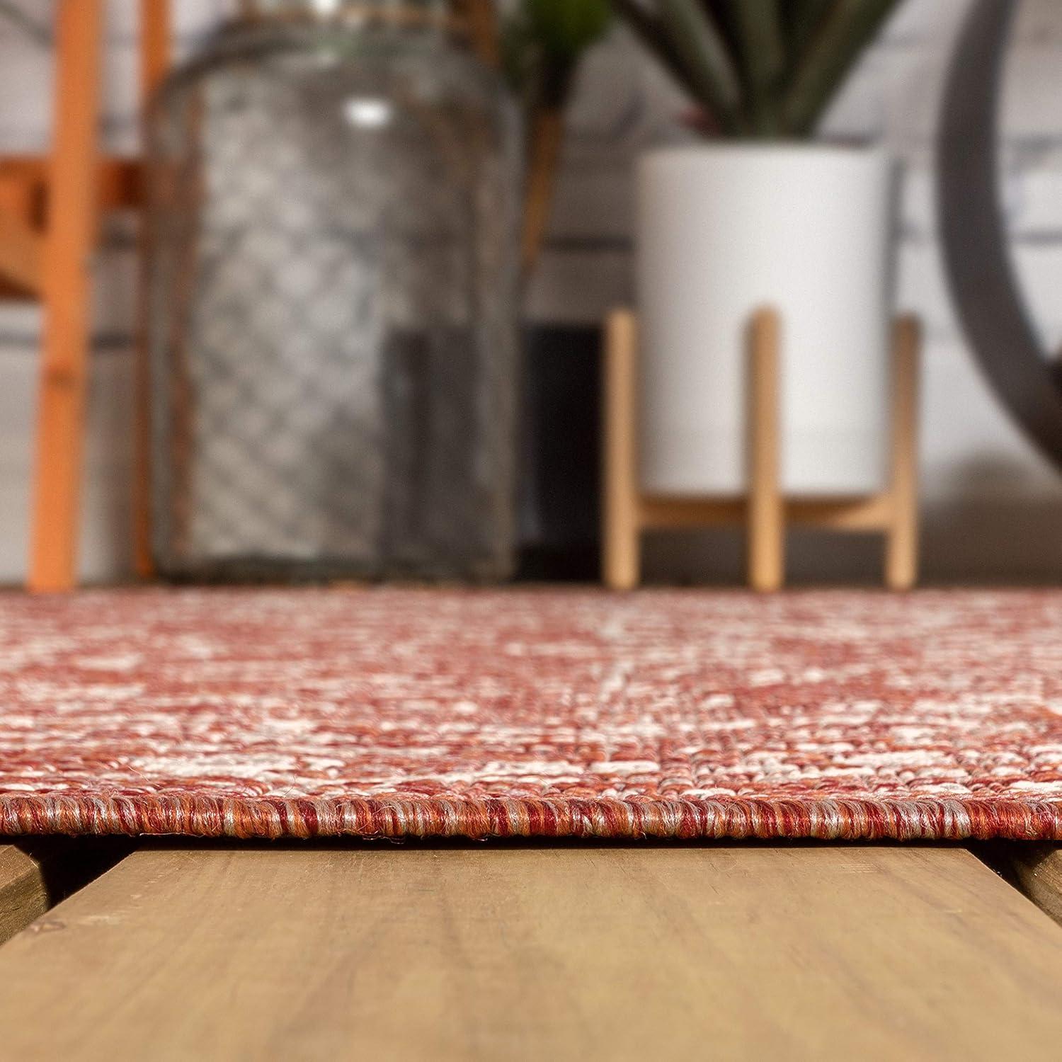 5' Square Malta Bohemian Medallion Textured Weave Indoor/Outdoor Area Rug, Red/Taupe - JONATHAN Y