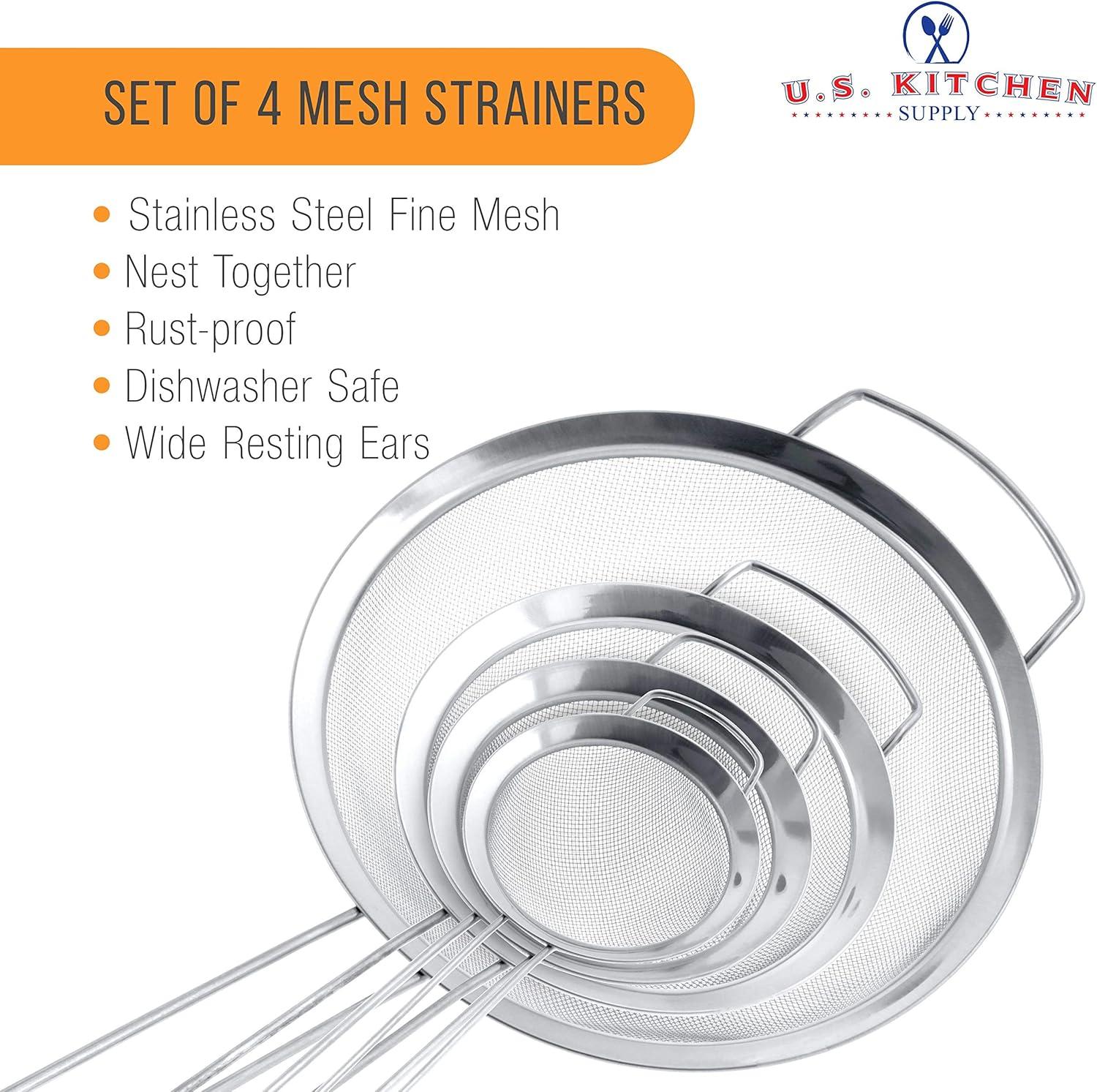 Set of 4 Fine Mesh Stainless Steel Strainers with Wide Ear Design