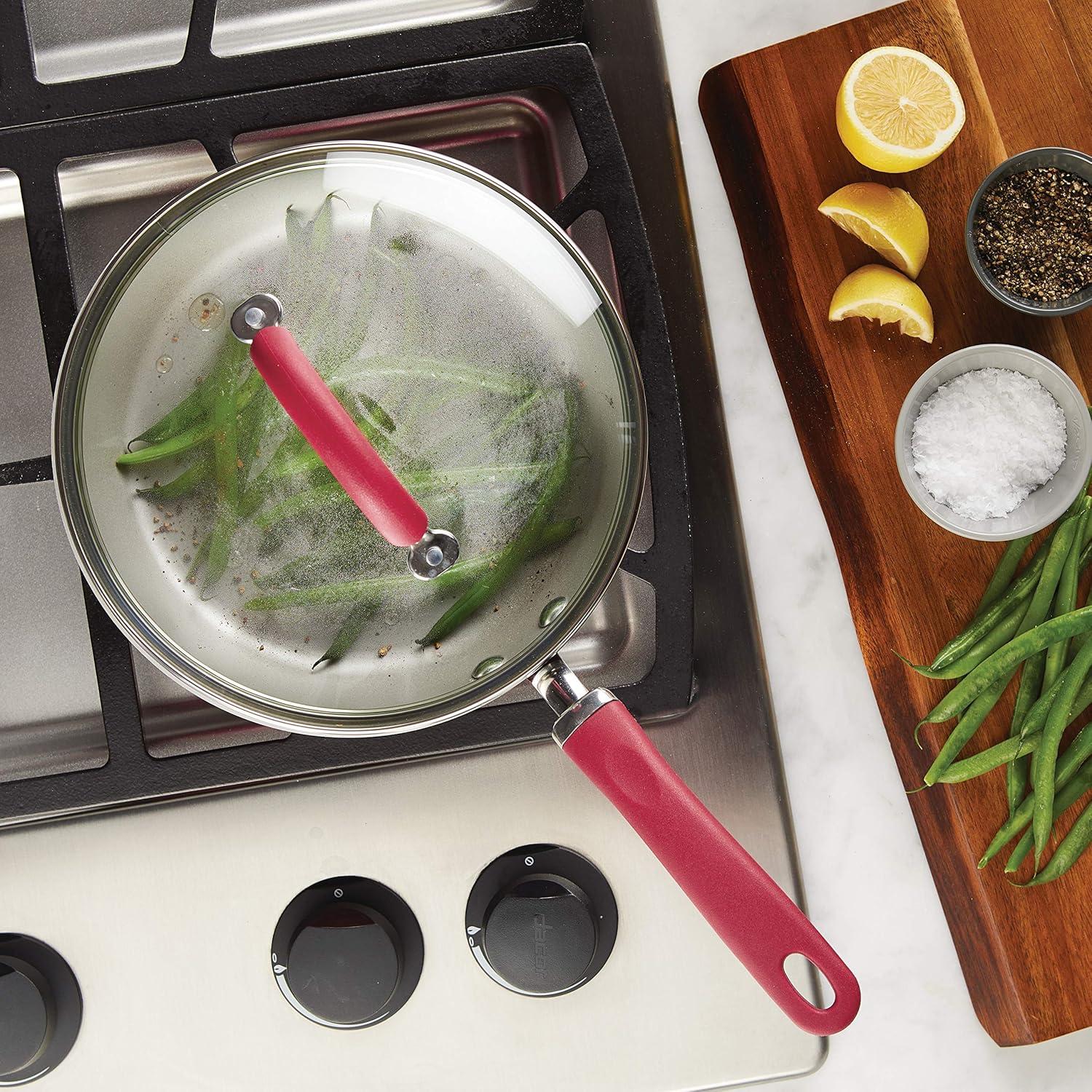 Rachael Ray Create Delicious Aluminum Nonstick Covered Deep Frying Pan, 9.5-Inch, Red Shimmer