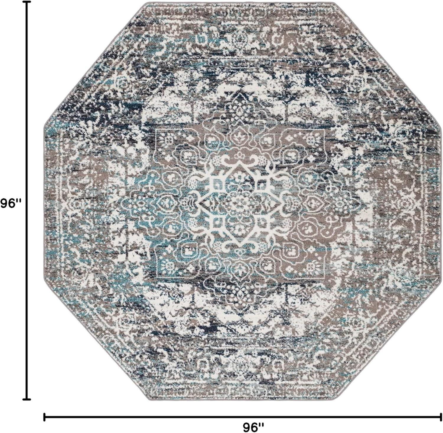 Gray Synthetic Octagon Medallion Easy Care Rug