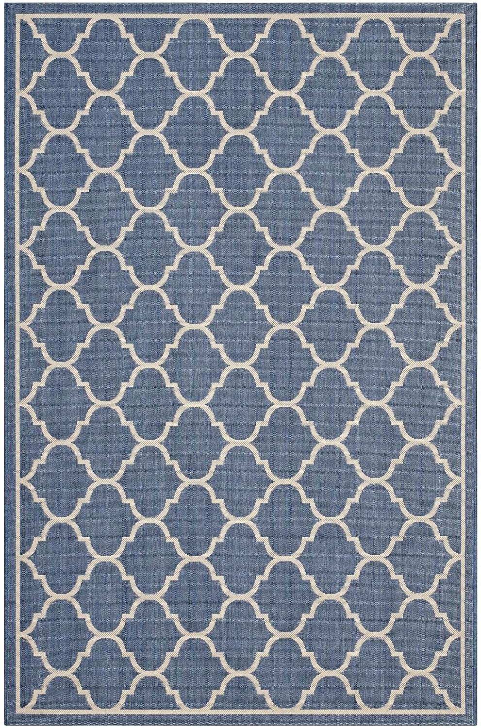 Modway Avena Moroccan Quatrefoil Trellis 8x10 Indoor and Outdoor Area Rug - Blue and Beige,  100% Soft Polypropylene ,  Tight Low Pile Weave