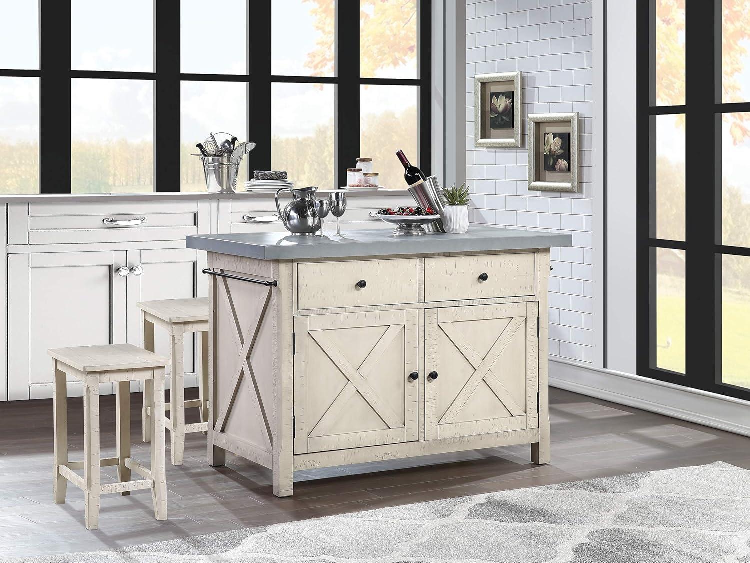 OSP Furniture Nashville Kitchen Island with Cement like Grey Top and 2 Stools