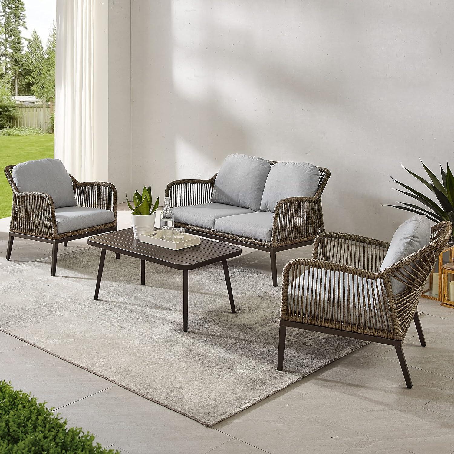 Haven 4pc Outdoor Wicker Conversation Set: Weather-Resistant, Steel Frame, Polyester Cushions - Crosley