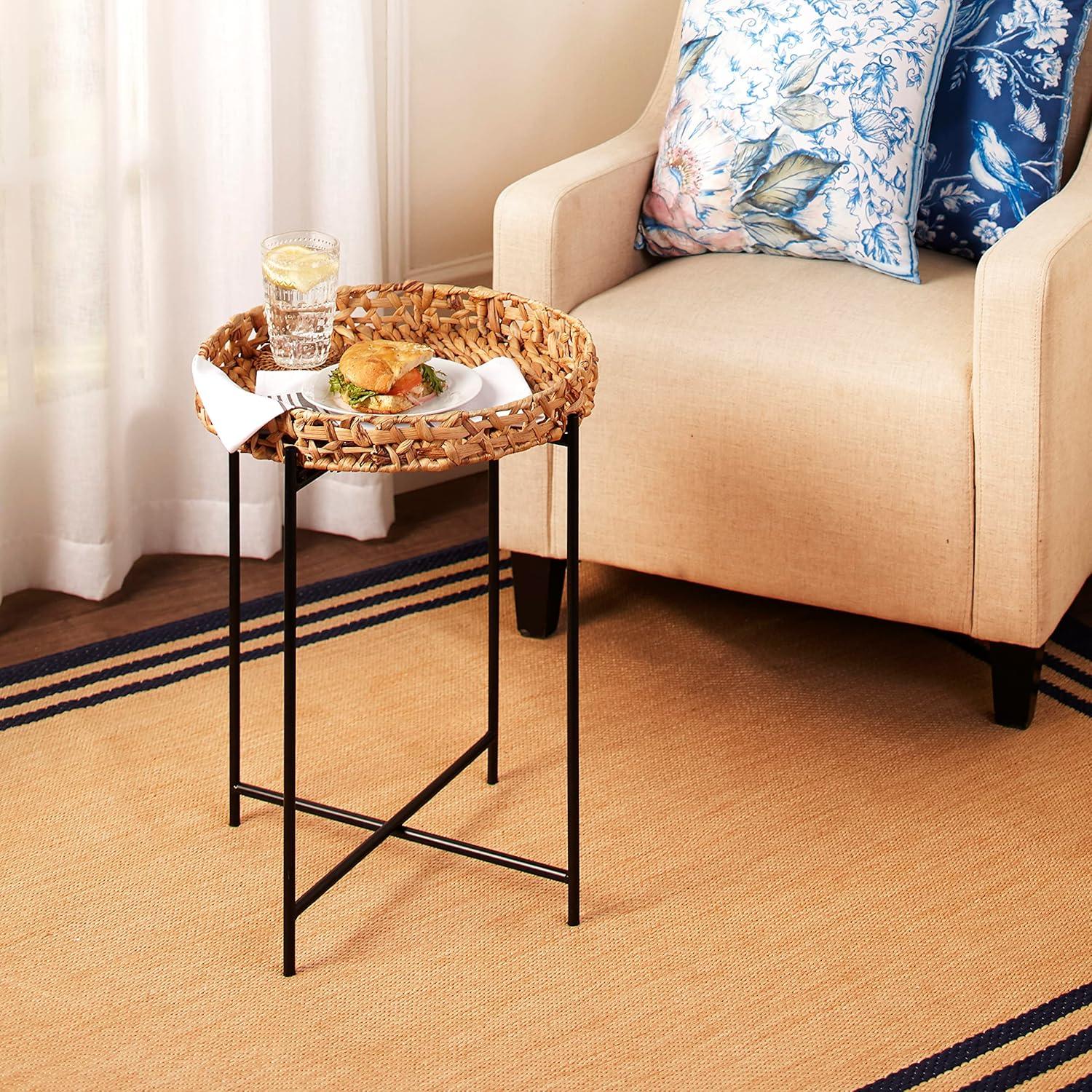 Round Seagrass and Metal Foldable Side Table