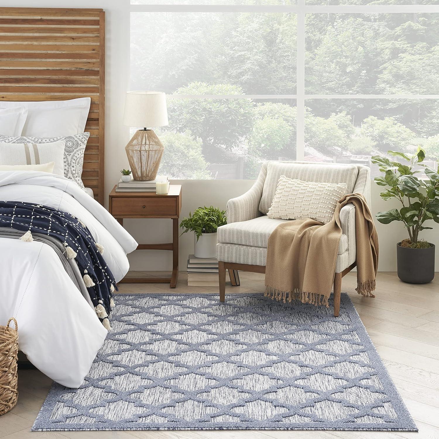 Nourison Easy Care Trellis Flatweave Indoor Outdoor Area Rug 6' x 9' Denim Blue