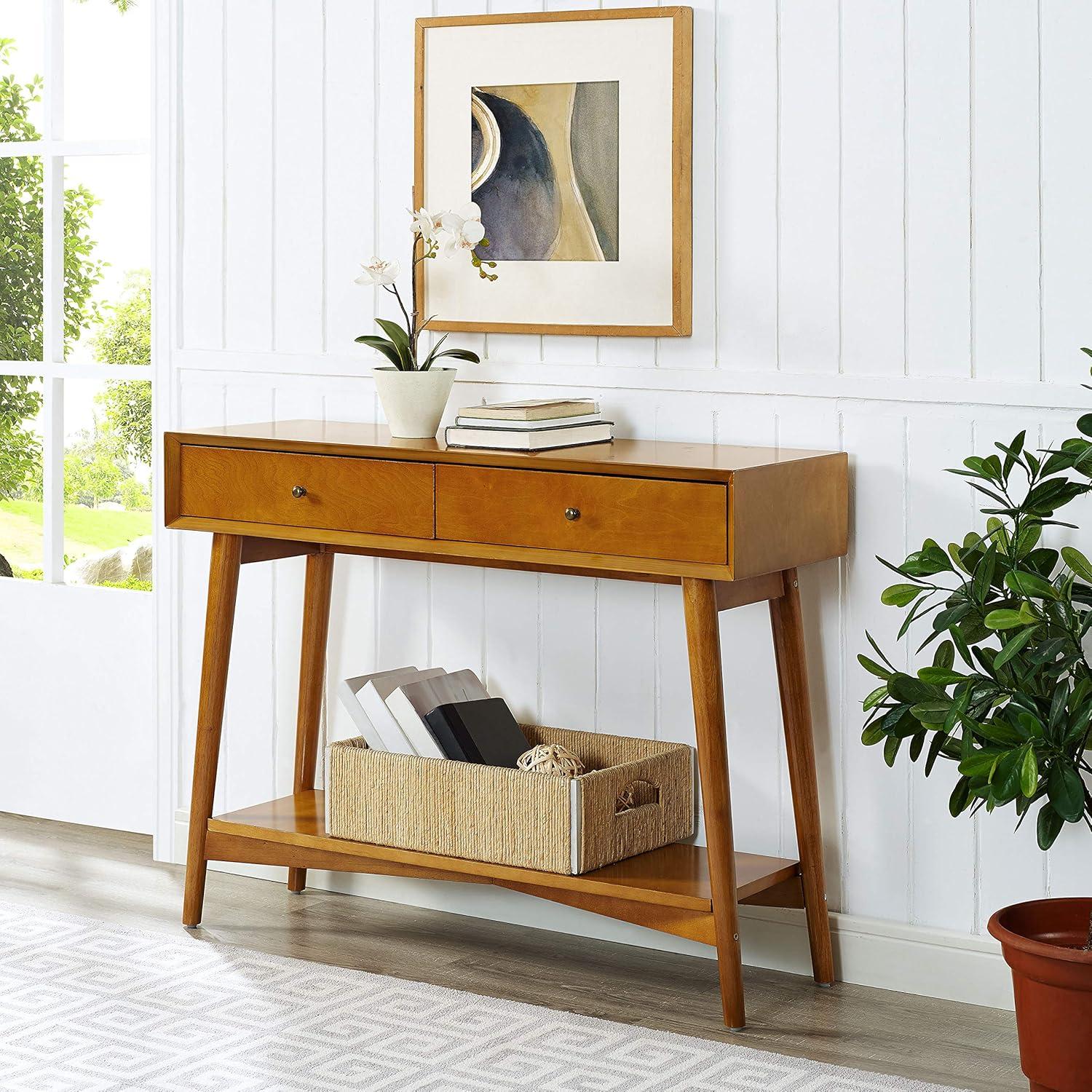 Crosley Landon Console Table Acorn: Mid-Century Modern Design, Hardwood with Open Shelf & Drawer