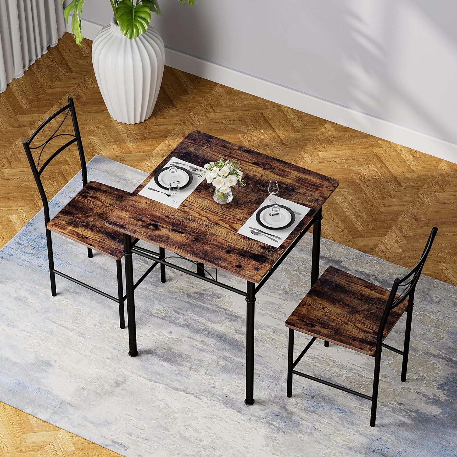 Rustic Brown Square MDF and Metal Dining Table Set with 2 Chairs