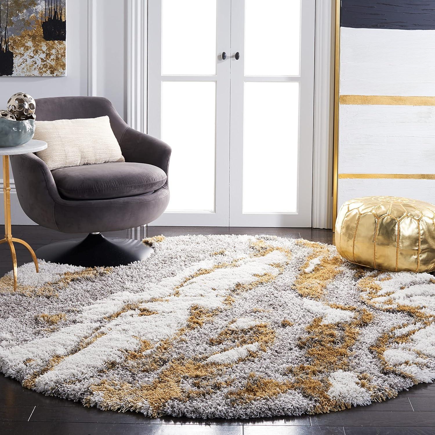 SAFAVIEH Horizon Konstantinos Abstract Shag Area Rug, Grey/Gold, 10' x 10' Round