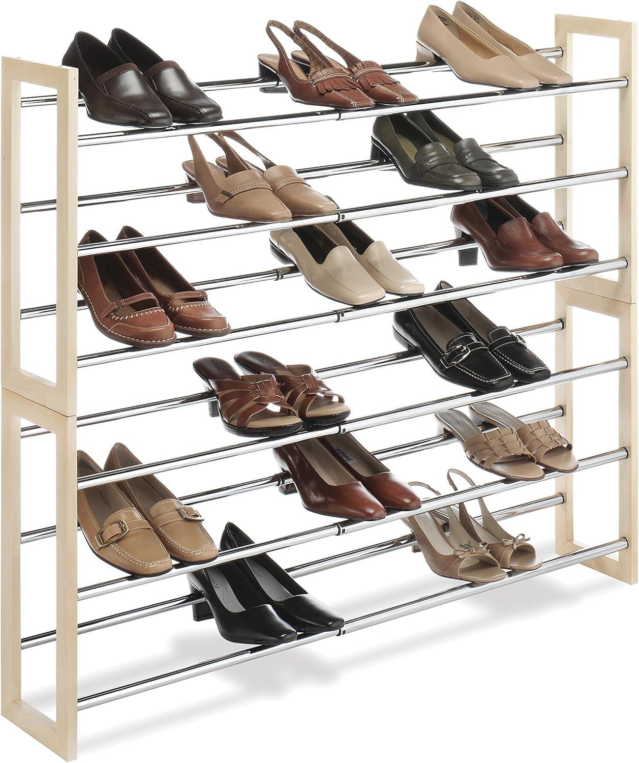 Whitmor 3-Tier Expandable Stackable 18 Pair Shoe Rack, Metal and Wood, Natural Wood and Chrome