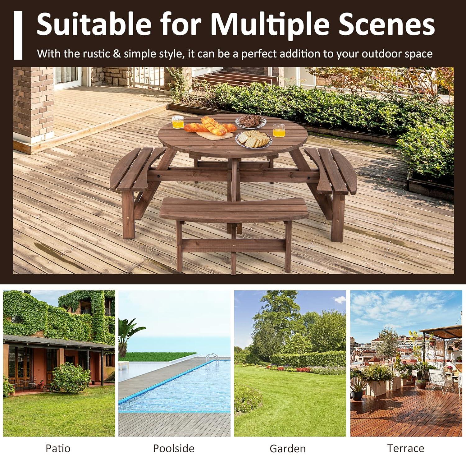 Tangkula 8 Person Wood Picnic Table, Outdoor Round Picnic Table with 4 Built-in Benches, Umbrella Hole, Outside Table and Bench Set for Garden, Backyard, Porch, Patio, 500lbs Capacity Per Bench