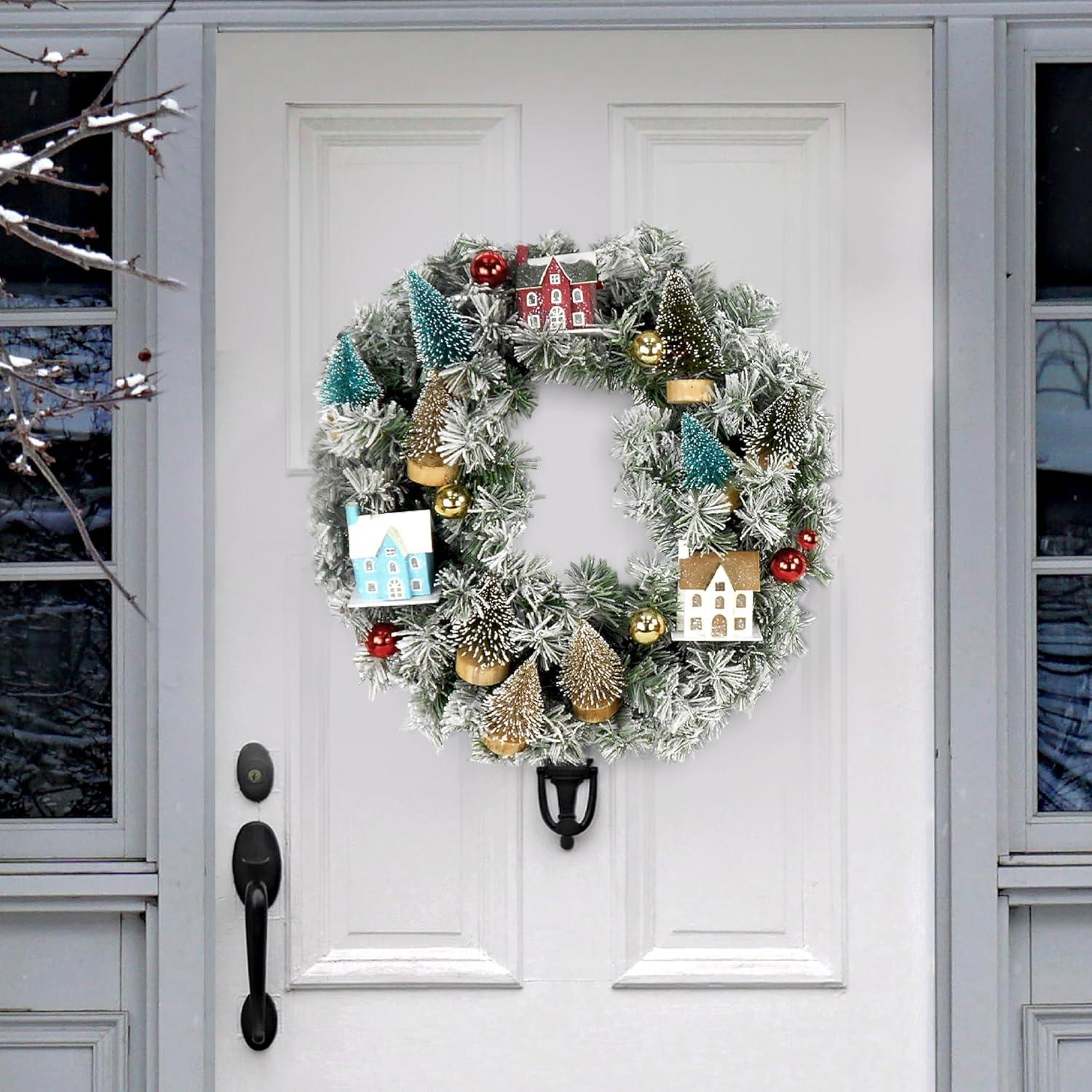 Fraser Hill Farm 24-in. Christmas Snowy Wreath Door Hanging with Ornaments, Wood Houses, Green