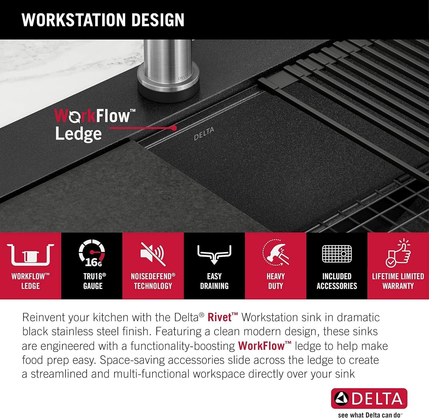 Delta Rivet™ Black Stainless Steel Drop-In Top Mount 16 Gauge Workstation Kitchen Sink Single Bowl