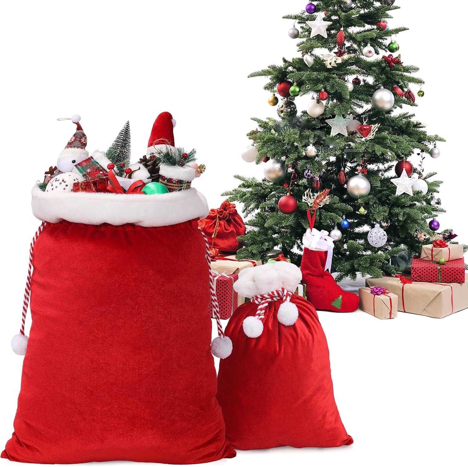 2 Pcs Christmas Velvet Bags with Drawstring Large Plush Santa Sack Christmas Gift Bags in 2 Size for Xmas Package Storage Bags