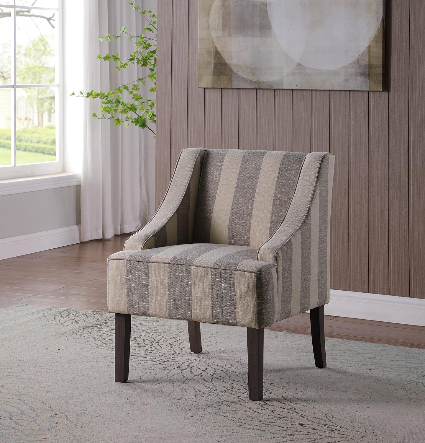 Classic Gray Stripe Swoop Armchair with Wood Legs