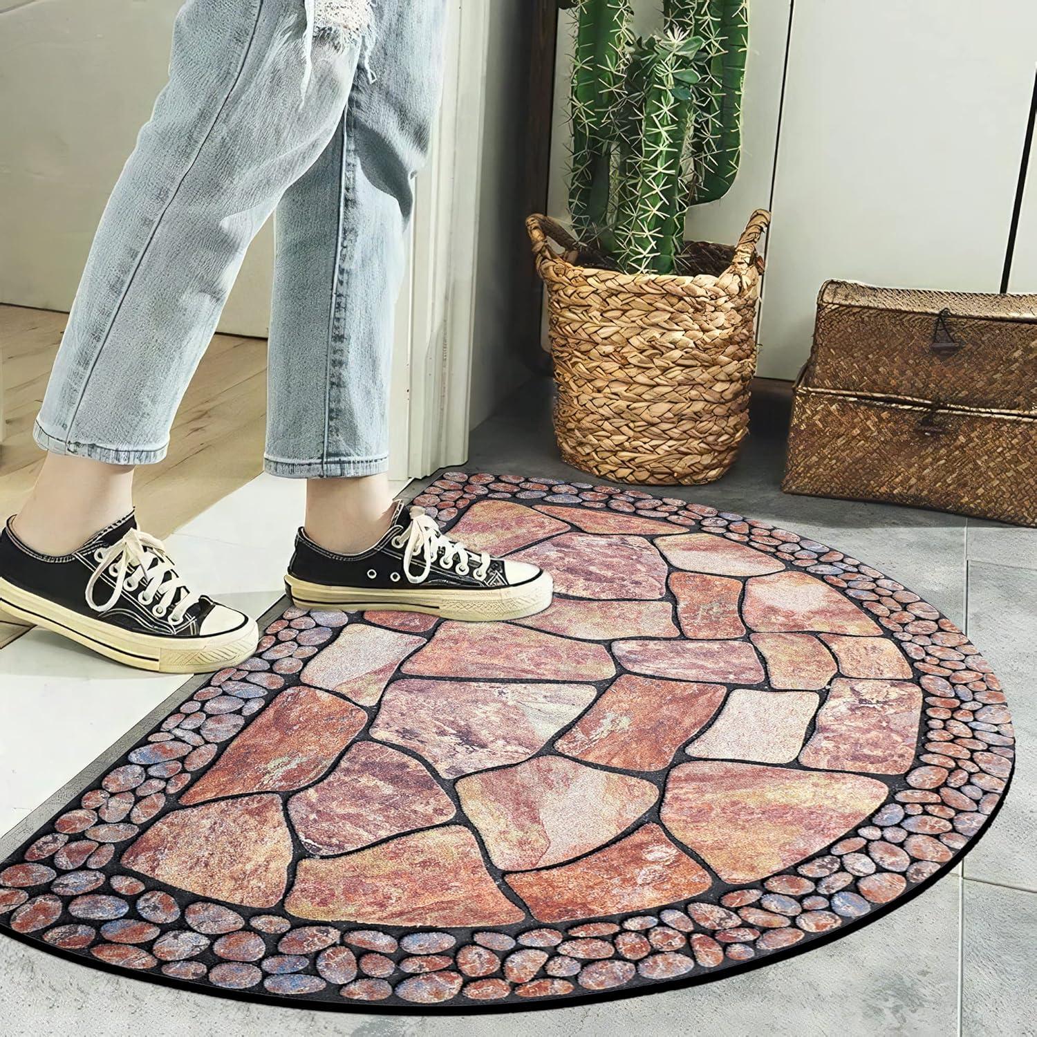 MANO Front Door Mat Outdoor Entrance, Heavy Duty Doormat Half Circle Rug for Outside Entry, Welcome Mat for Indoor Half Round Door Mats with Non Slip Rubber (21" x 33", Cobble)