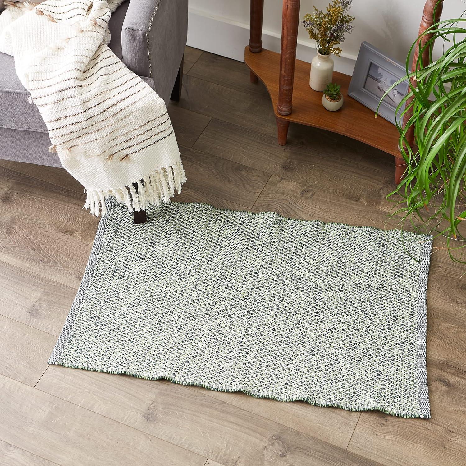 Hunter Green Diamond Handwoven Fabric. Recycled Yarn Rug 2x3 Ft