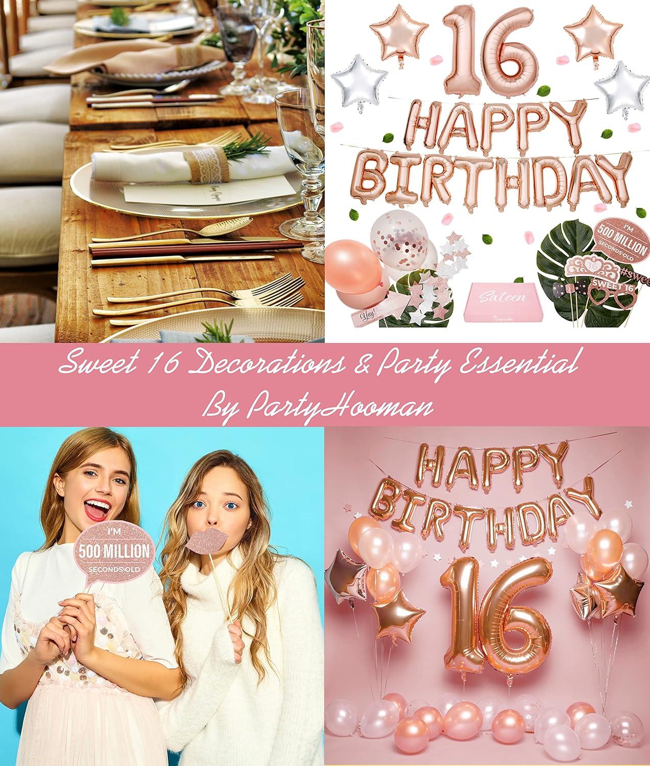 PartyHooman Sweet 16 Birthday Decorations Rose Gold With Sweet 16 Sash and Tiara Set, 2Pcs Backdrop, 25Pcs Pre-assembled Photo Booth Props, Balloons, Cake Topper | 16th birthday decorations for girls