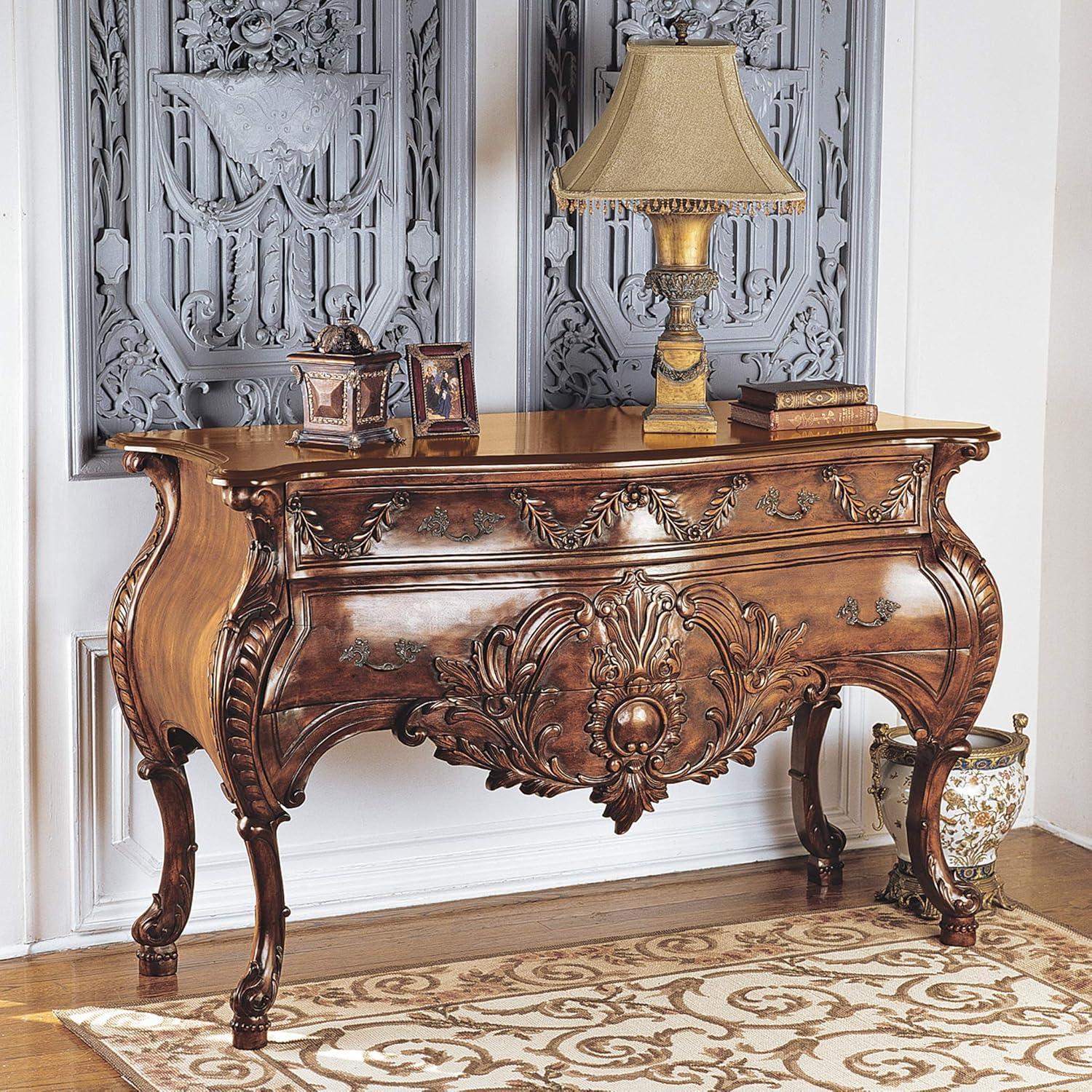 Hand-Carved Mahogany Bombe Console with Storage Drawers