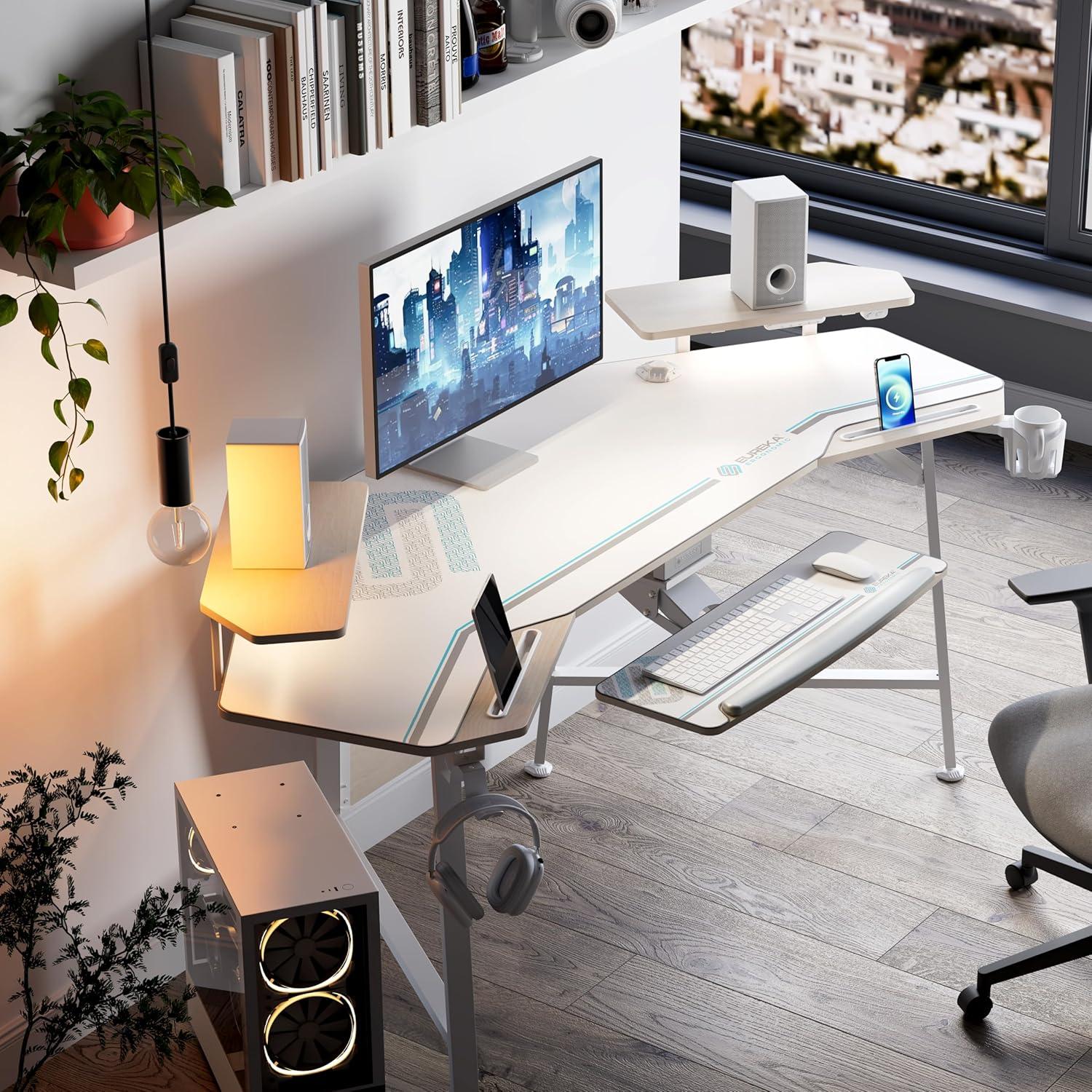 EUREKA ERGONOMIC 72" Computer Desk W Keyboard Tray, Wing-Shaped Music Studio Desk, Large Gaming Desk W LED Convertible Monitor Stand Dual Headphone Hanger for Recording Live Streamer,Maple