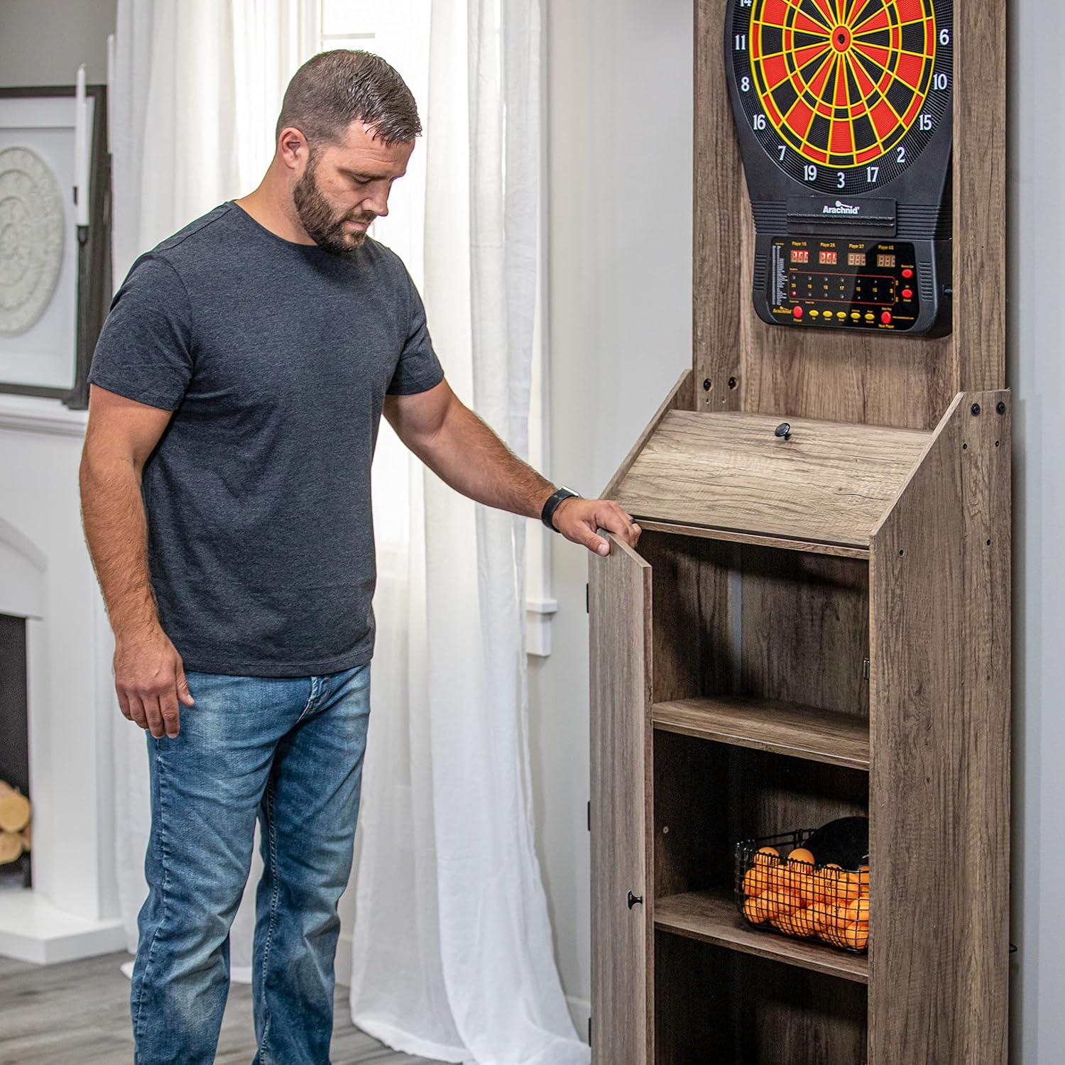 Rustic Tan Wood Grain Free Standing Dartboard Cabinet Set