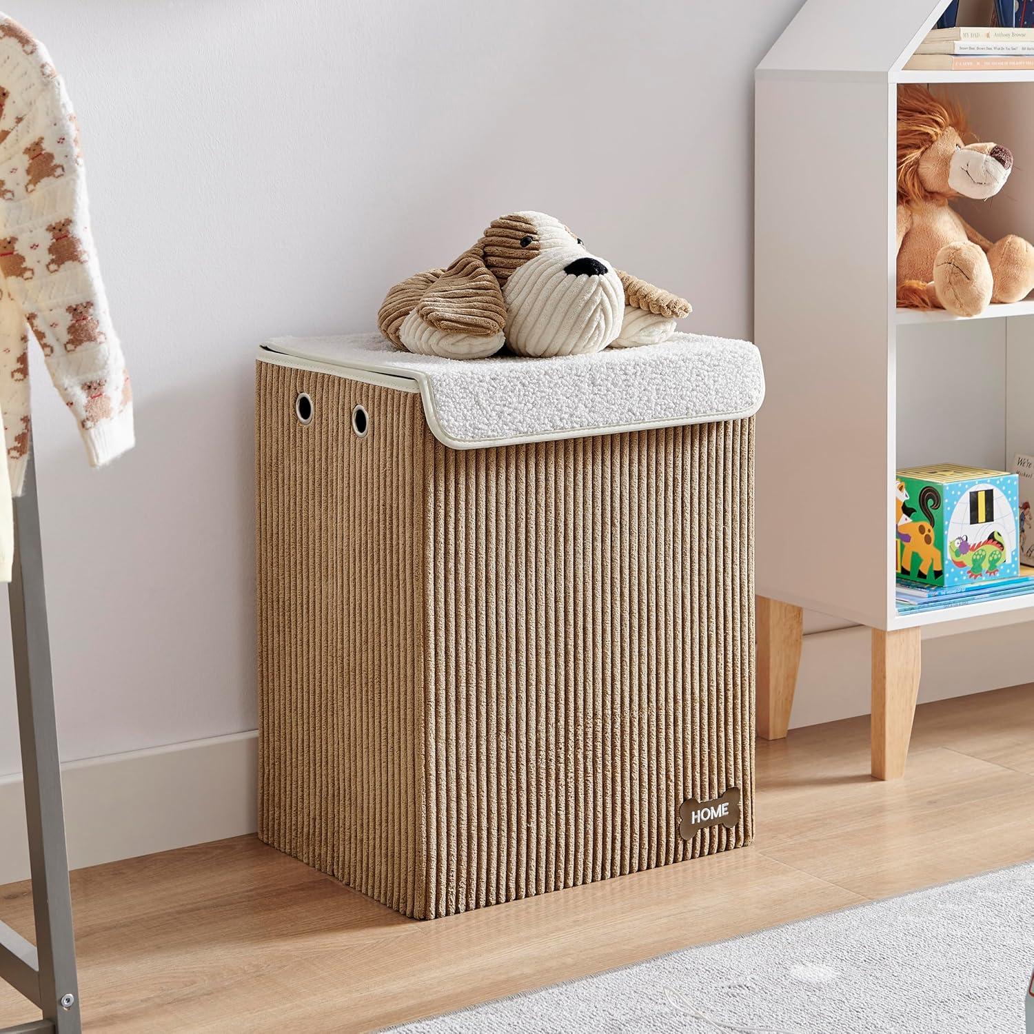 Danya B. Collapsible Folding Corduroy Kids' Laundry Hamper Toy Storage Brown with Dog Lid