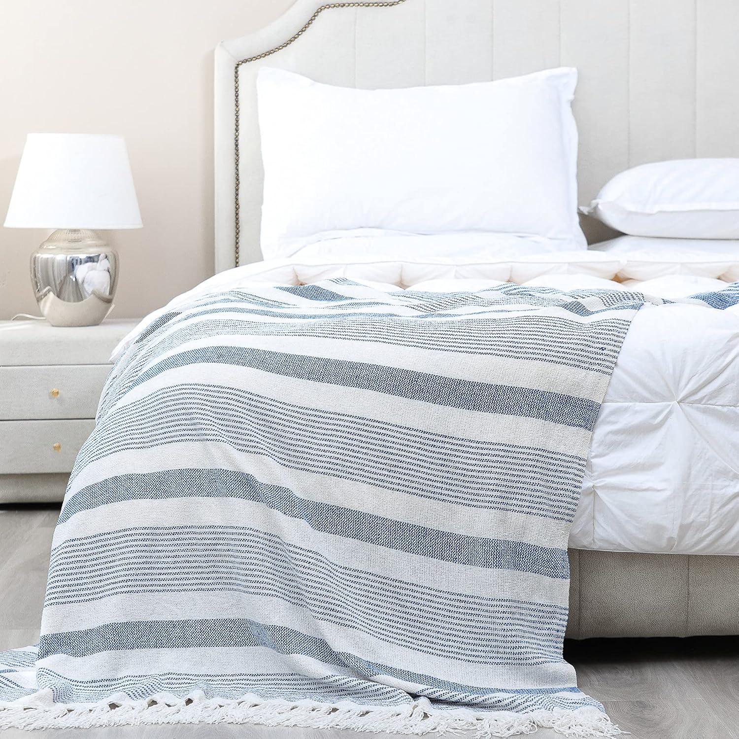 Blue and Ivory Chenille Striped Throw Blanket with Fringe