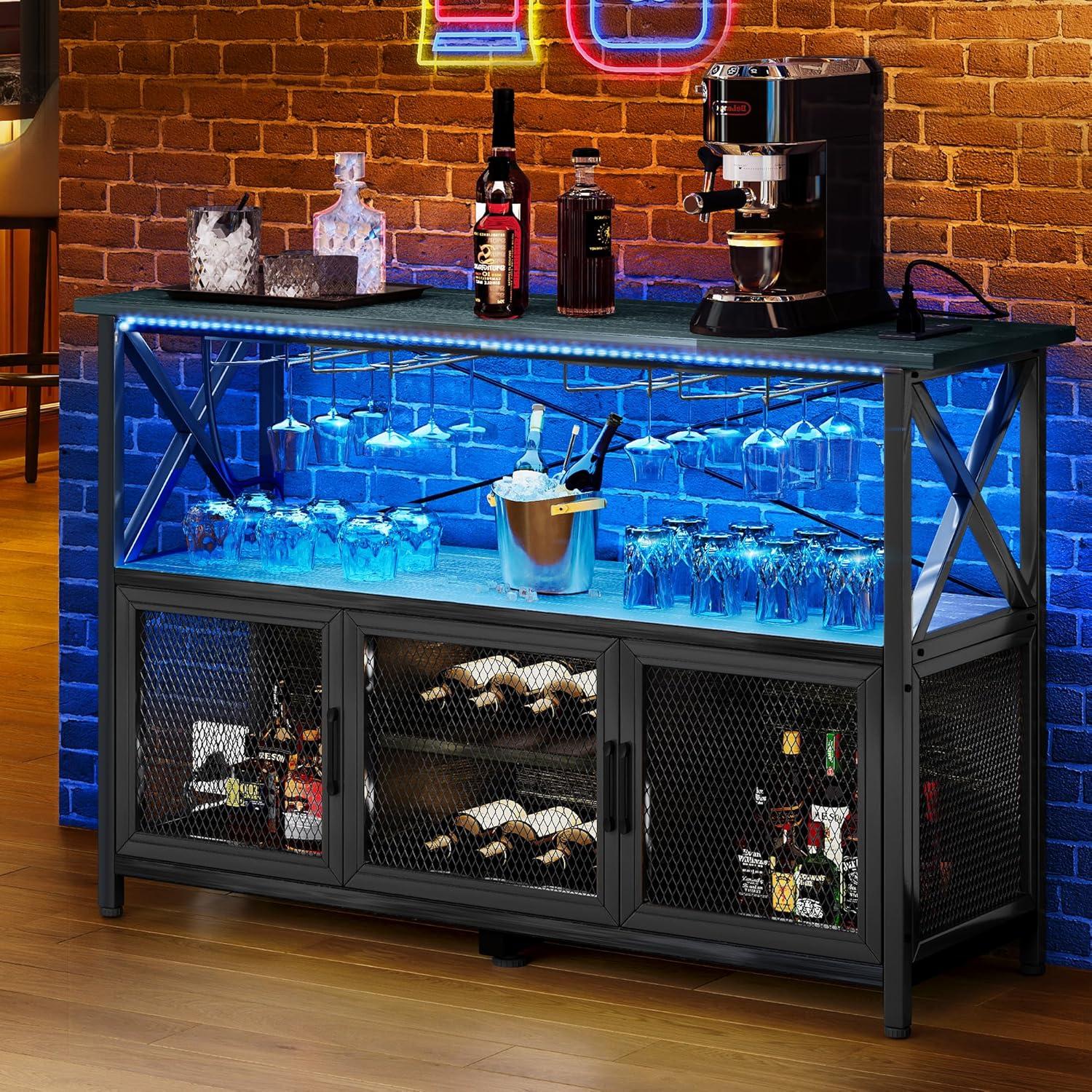 YITAHOME 55" Coffee Bar Cabinet with LED lights Power Outlets, Industrial Wine Bar Cabinet Home Bar Table with Wine Rack Storage Sideboard Buffet Cabinet for Living Room Kitchen Dining Room