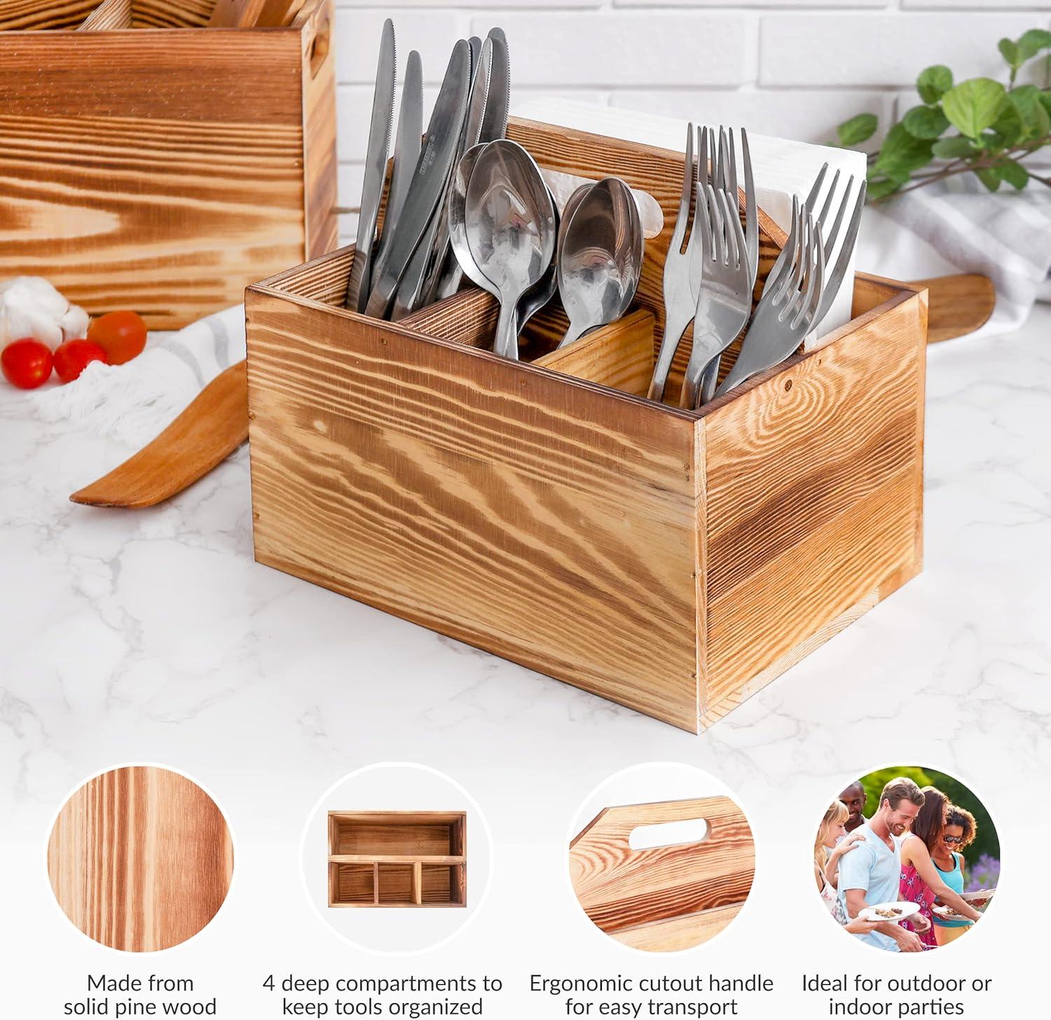 Rustic Pine Wood Utensil and Napkin Holder Caddy