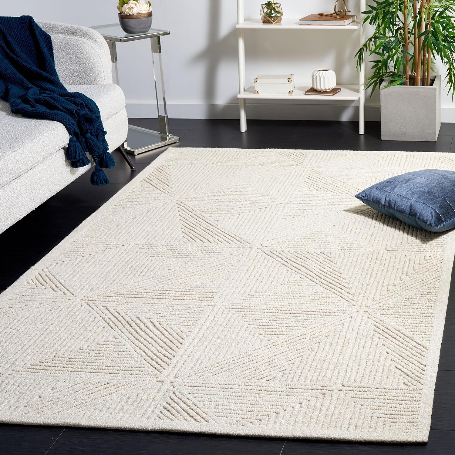 Ivory Geometric Hand-Tufted Wool Area Rug, 4' x 6'