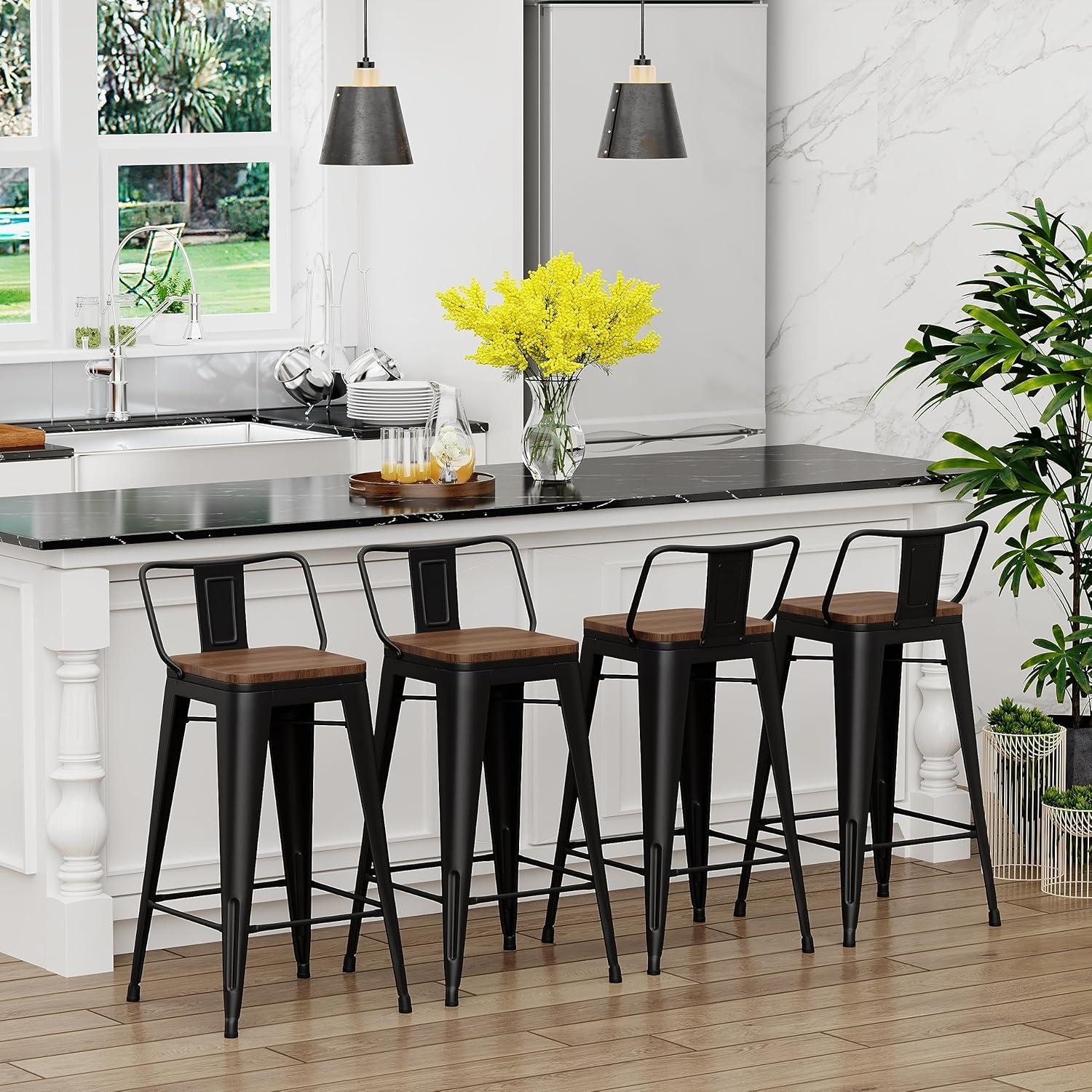 Killeryuki 24'' Metal Bar Stool 4PCS Low Back Conuter Stools for Indoor/Outdoor Barstools Metal Black Stools Bar Chairs w/Wooden Seat Metal Leg Industrial Counter Height Stools Black