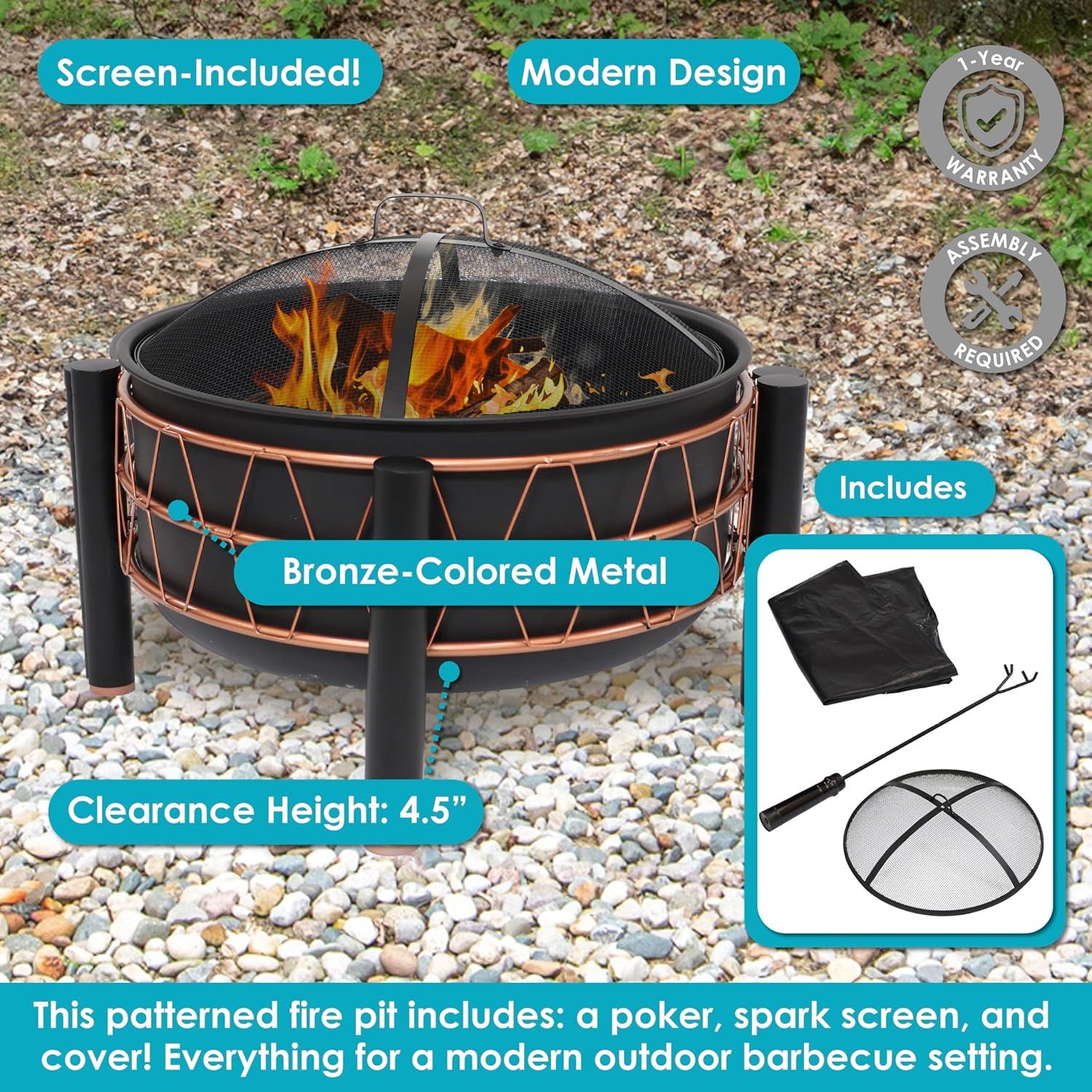 Sunnydaze Steel Fire Pit with Bronze Trapezoid Pattern and PVC Cover - 24.5" Round - Black
